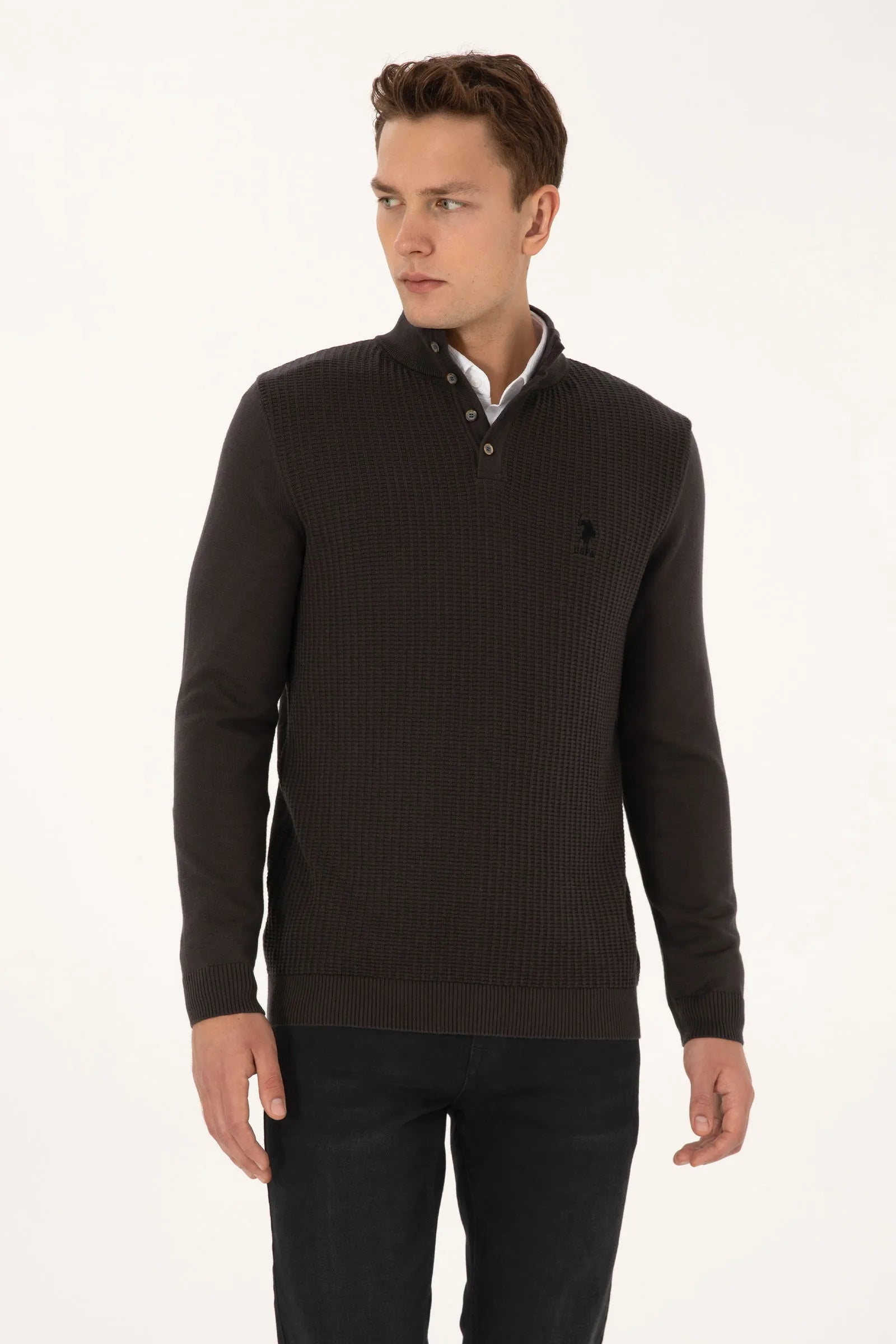 U.S. Polo Assn._Anthracite Mela_Anthracite Mela Knitted Polo Style Sweater_G081GL0TK0 2239182_VR081_01