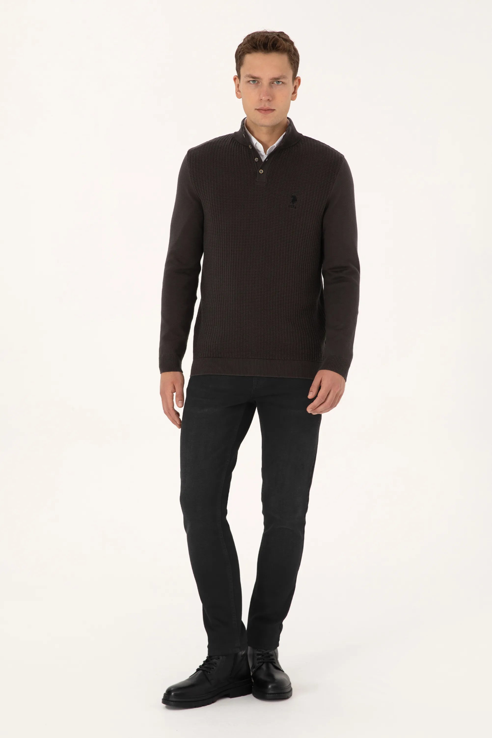 U.S. Polo Assn._Anthracite Mela_Anthracite Mela Knitted Polo Style Sweater_G081GL0TK0 2239182_VR081_04