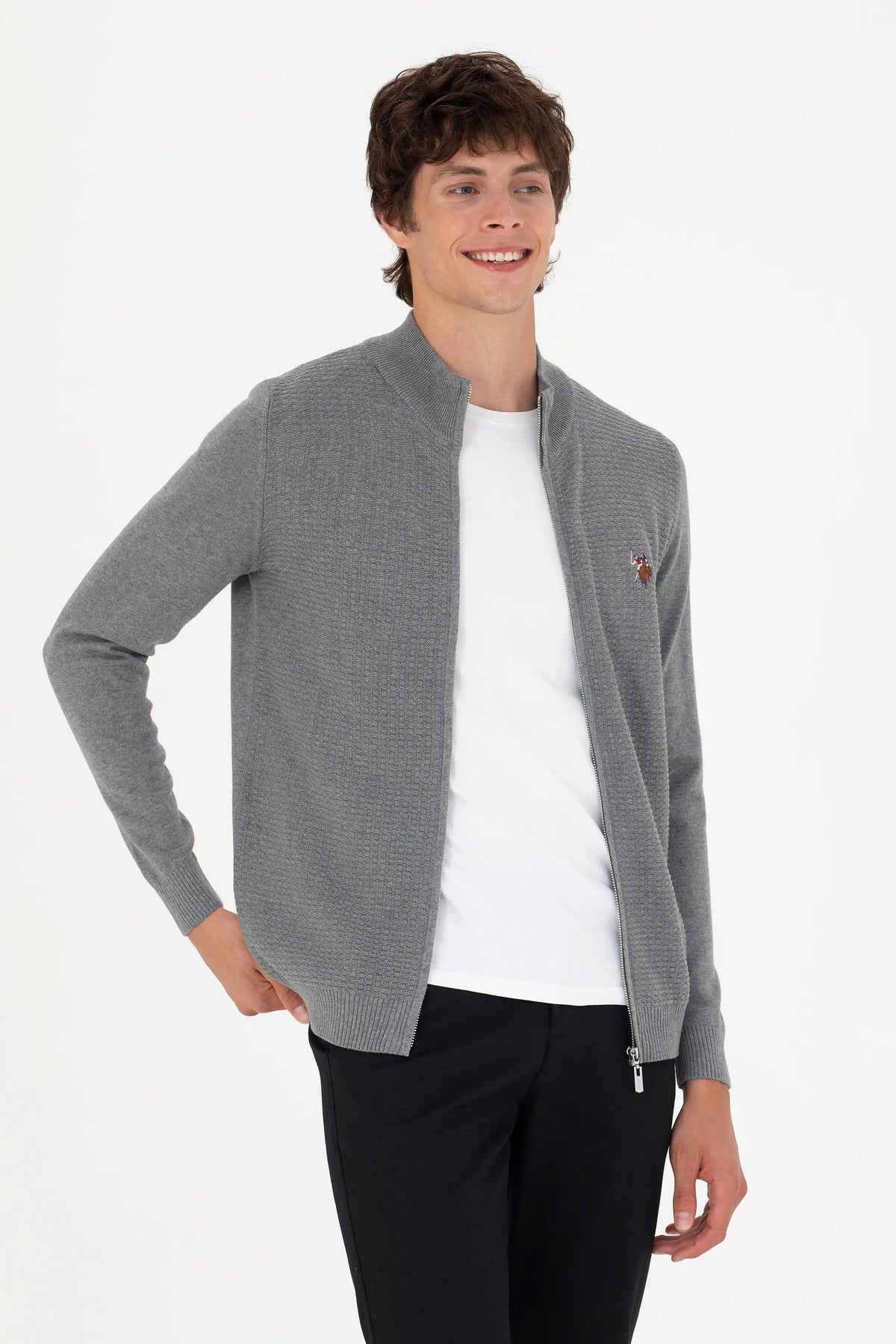 U.S. Polo Assn. Grey Melange Men Grey Melange Zip Through Knitted Cardigan SKU: G081SZ0TH0 1629653_VR086 Image 03