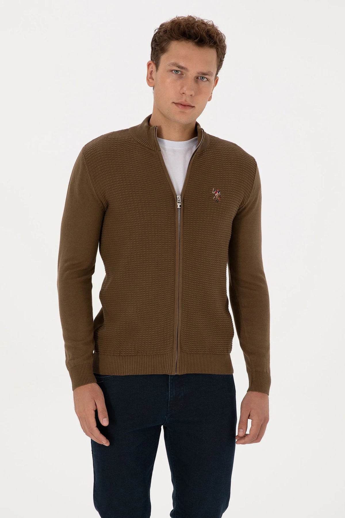 U.S. Polo Assn. Khaki Men Khaki Zip Through Knitted Cardigan SKU: G081SZ0TH0 2227188_VR027 Image 01