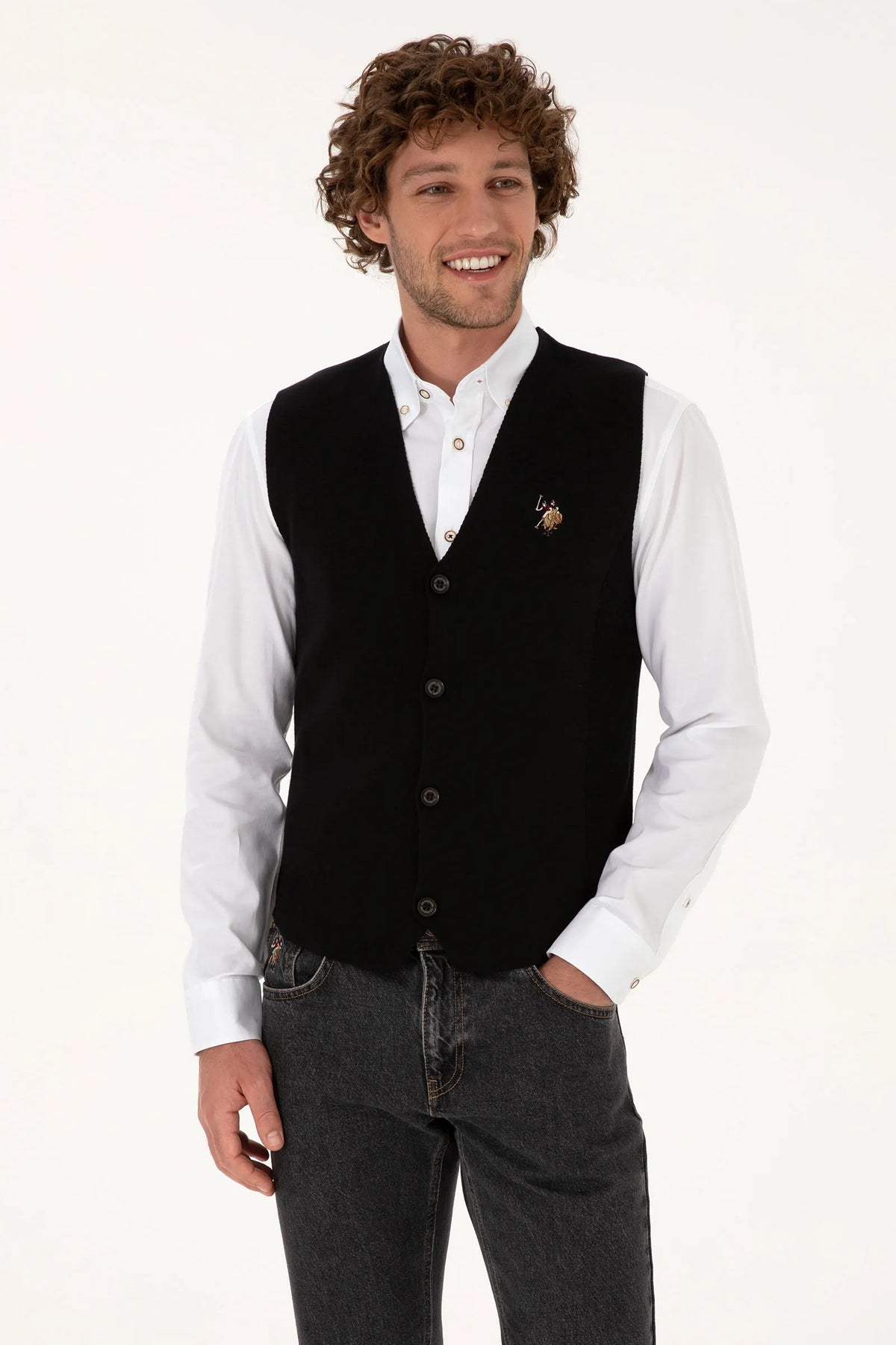 U.S. Polo Assn. Black Men Black Knitted Button Through Vest Jacket SKU: G081SZ0TH0 2236526_VR046 Image 01