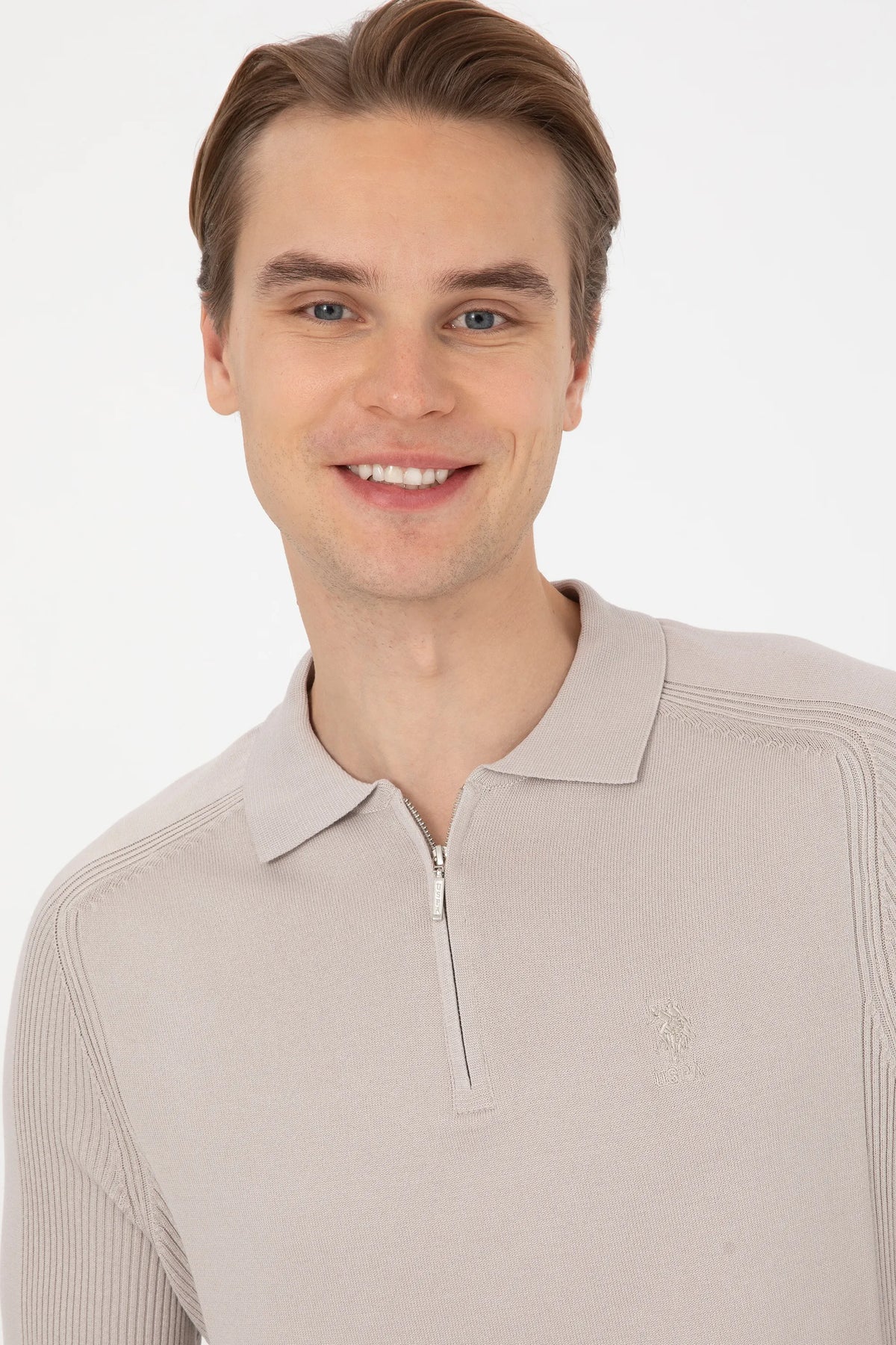 U.S. Polo Assn. Stone Men Stone Long Sleeve Knitted Polo Shirt SKU: G081SZ0TK0 2335218_VR049 Image 02