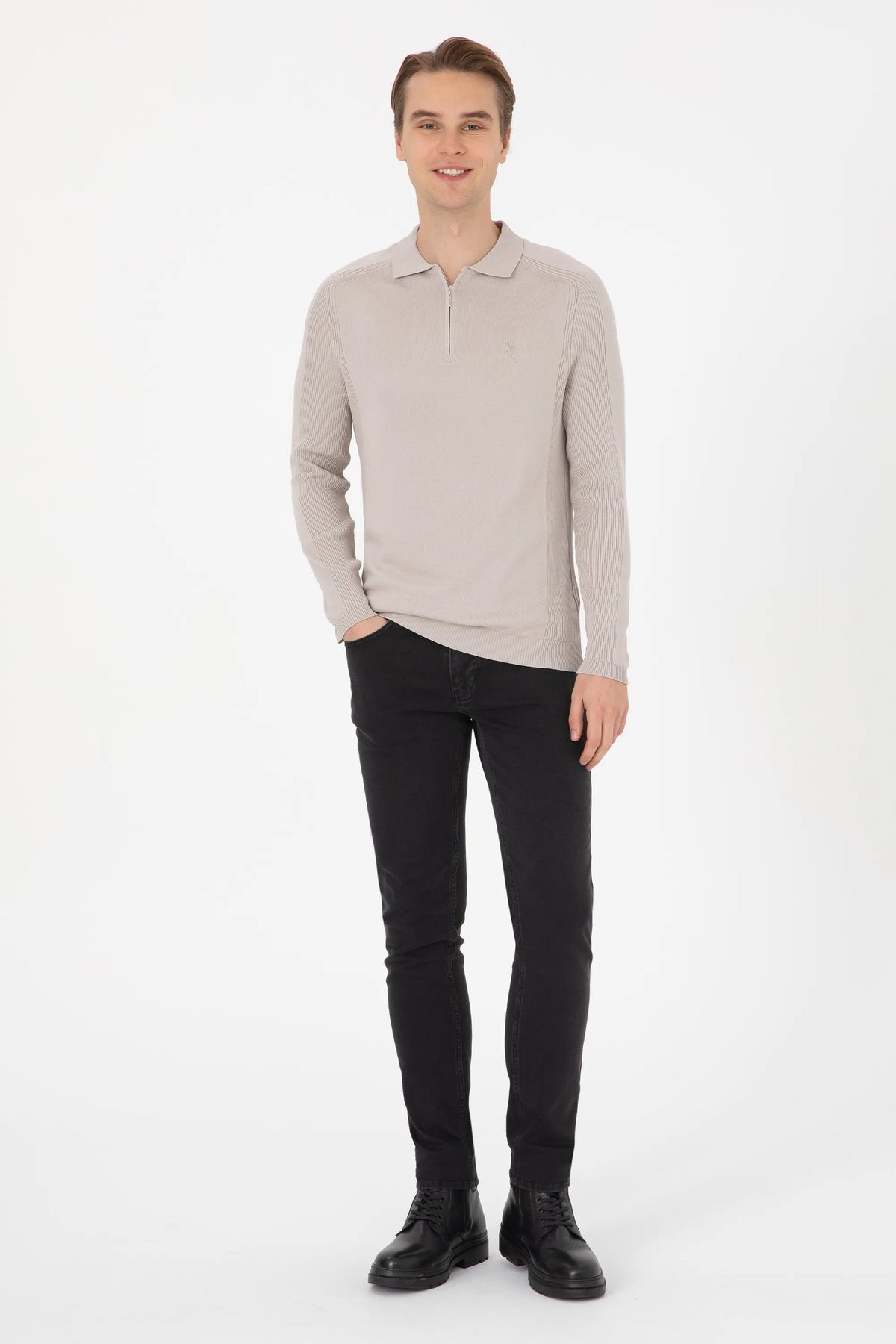 U.S. Polo Assn. Stone Men Stone Long Sleeve Knitted Polo Shirt SKU: G081SZ0TK0 2335218_VR049 Image 04