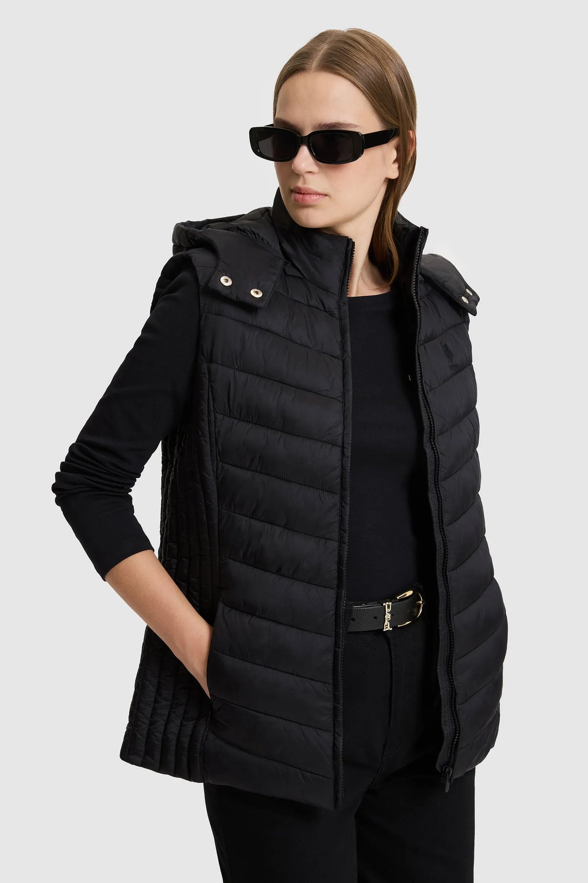 U.S. Polo Assn. Black Women Black Hooded Padded Vest SKU: G082GL0100 PU-13437_VR046 Image 01