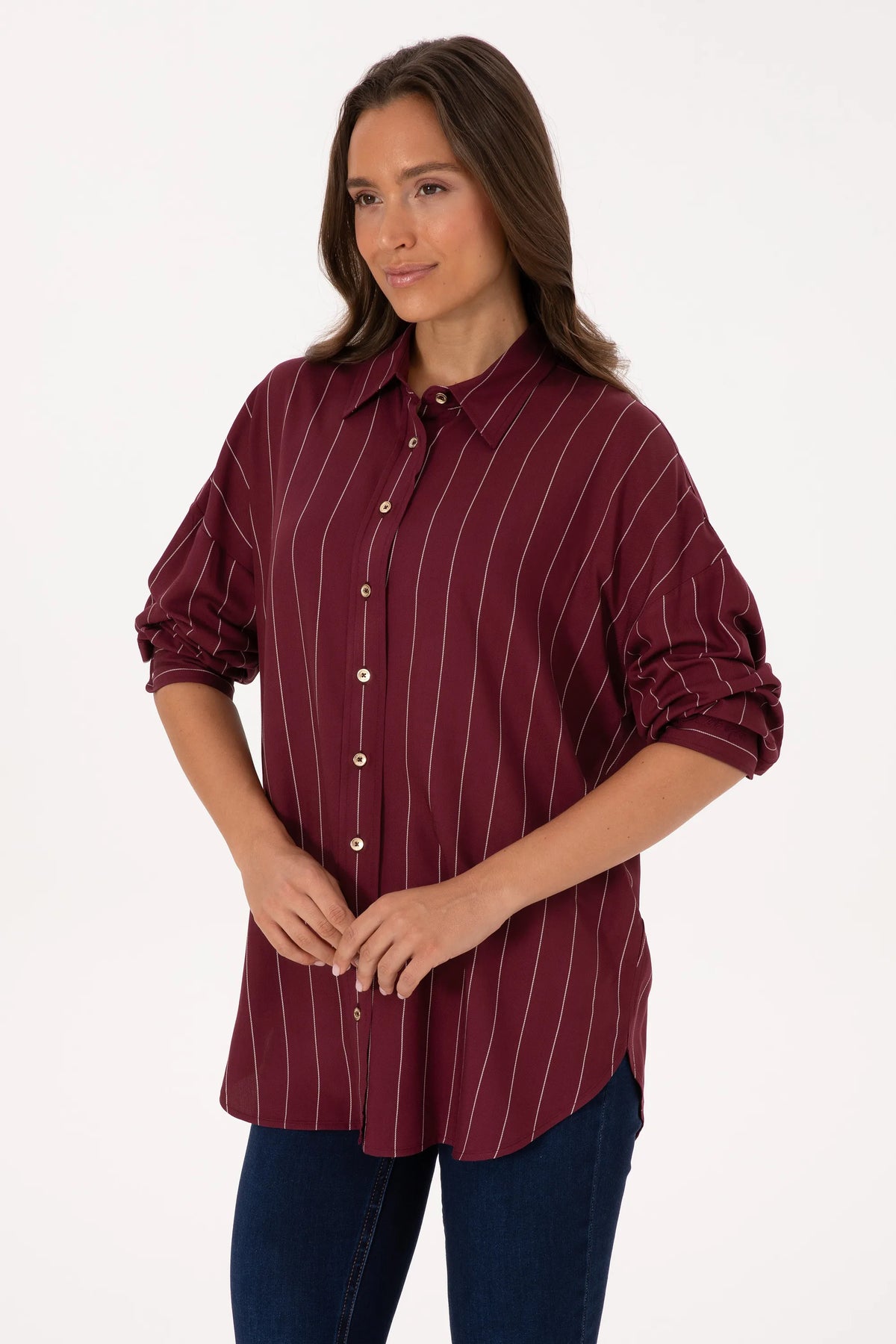 U.S. Polo Assn. New Plum Women Plum Long Sleeve Striped Longline Shirt SKU: G082SZ0040 2237657_VR177 Image 03