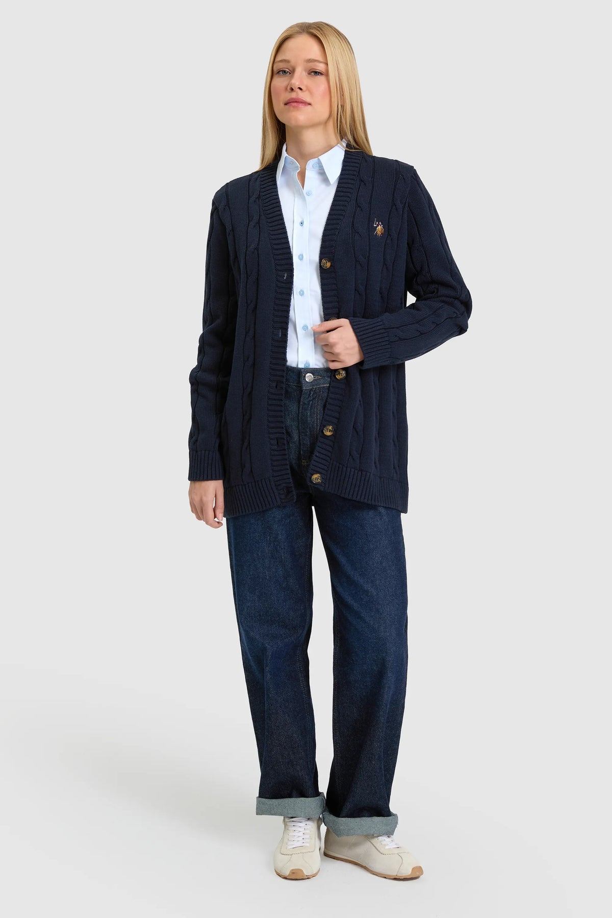 U.S. Polo Assn. Navy Women Navy Longline Ribbed Button Through Cardigan SKU: G082SZ0TH0 PU-16441_VR033 Image 04