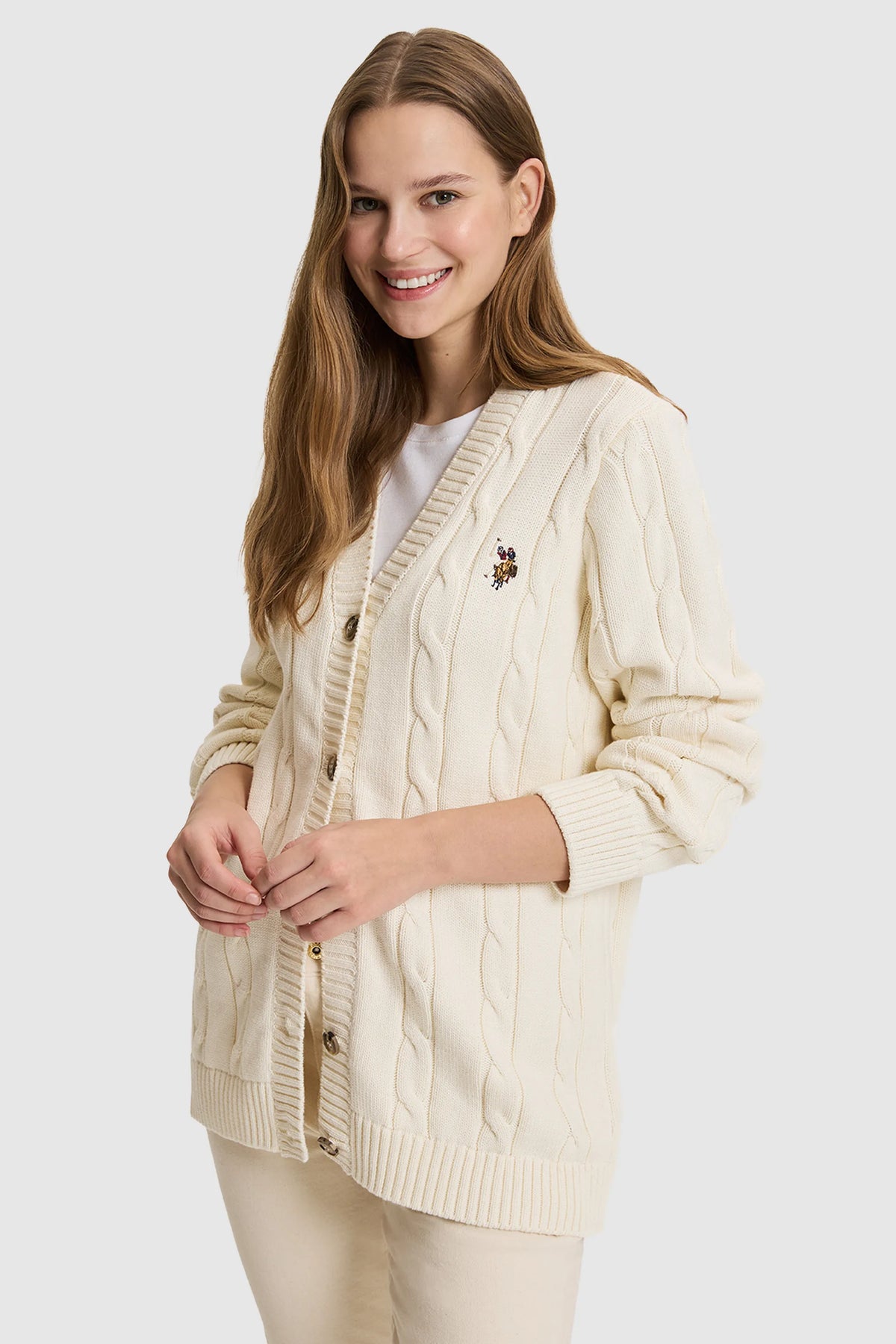 U.S. Polo Assn. Ivory Women Ivory Cable Knit Button Through Cardigan SKU: G082SZ0TH0 PU-16441_VR265 Image 04