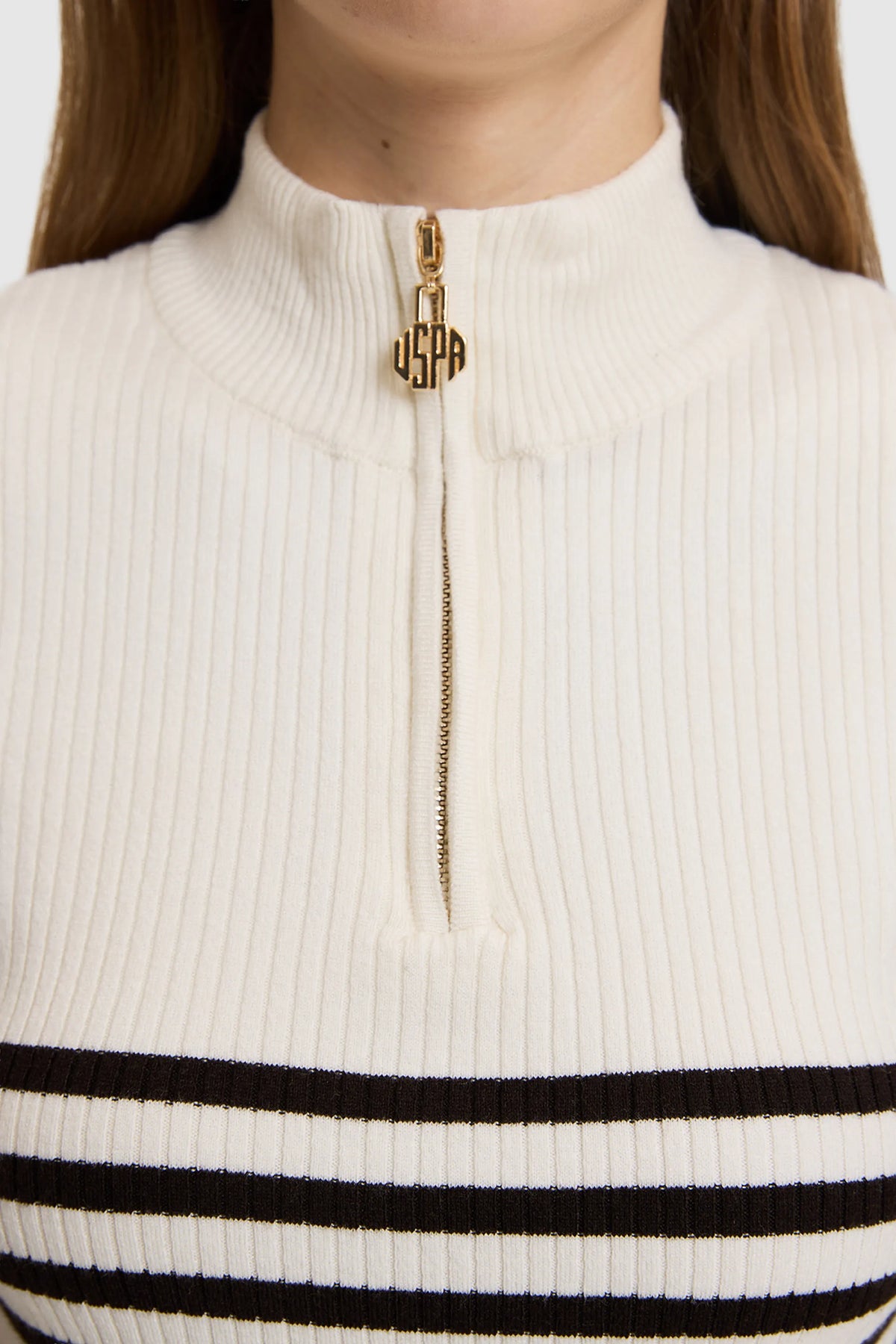 U.S. Polo Assn. Ivory Women Ivory Striped Half Zip Knitted Pullover SKU: G082SZ0TK0 PU-14338_VR265 Image 06