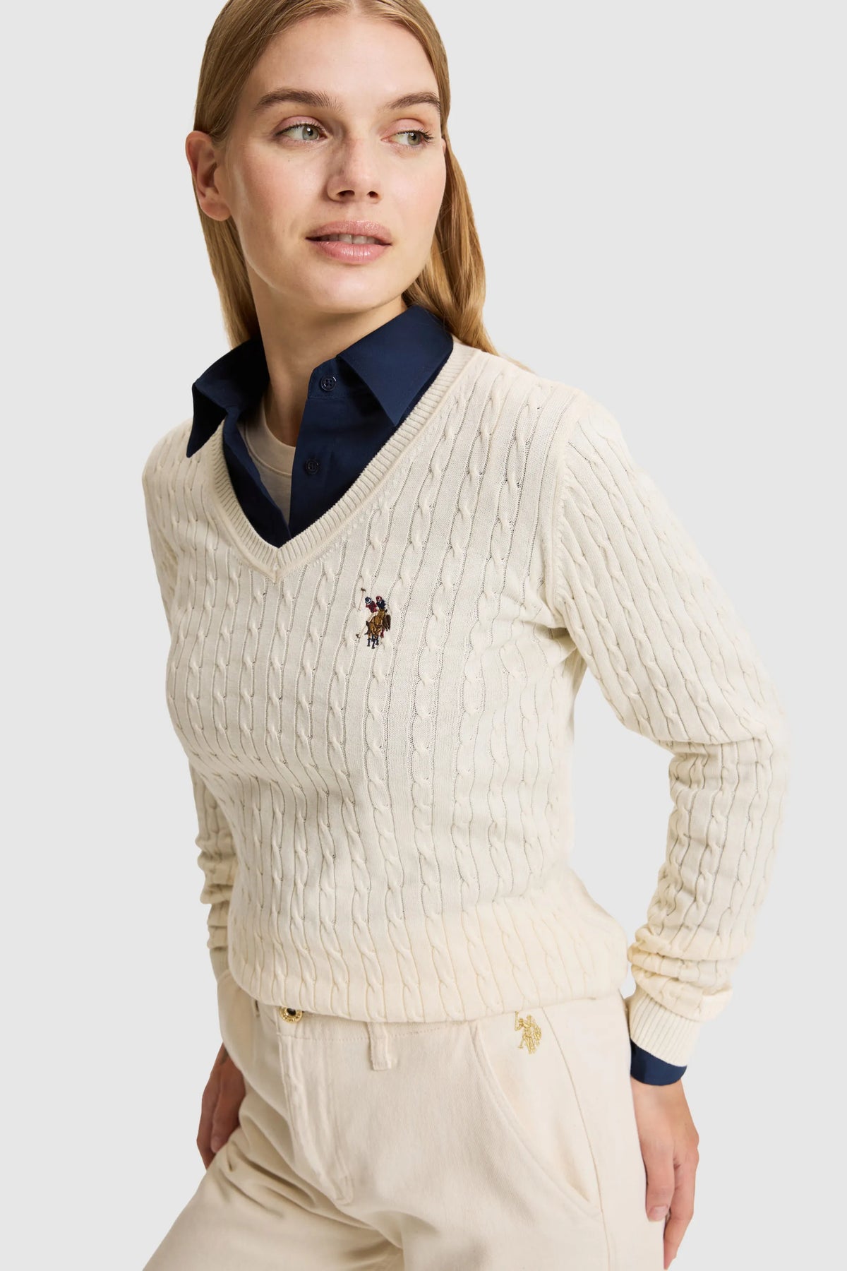 U.S. Polo Assn. Ivory Women Ivory Cable Knit V Neck Pullover SKU: G082SZ0TK0 PU-14846_VR265 Image 03