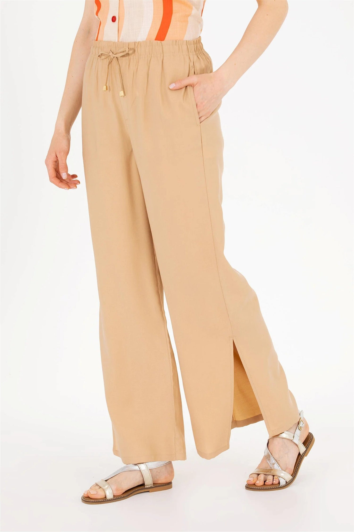 Beige Wide Leg Palazzo Trouser With Side Slits - BEVAVA