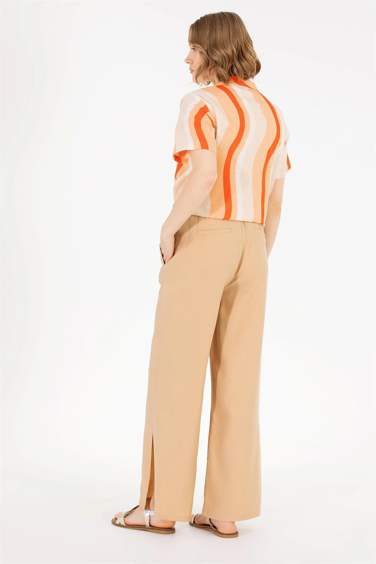 Beige Wide Leg Palazzo Trouser With Side Slits - BEVAVA