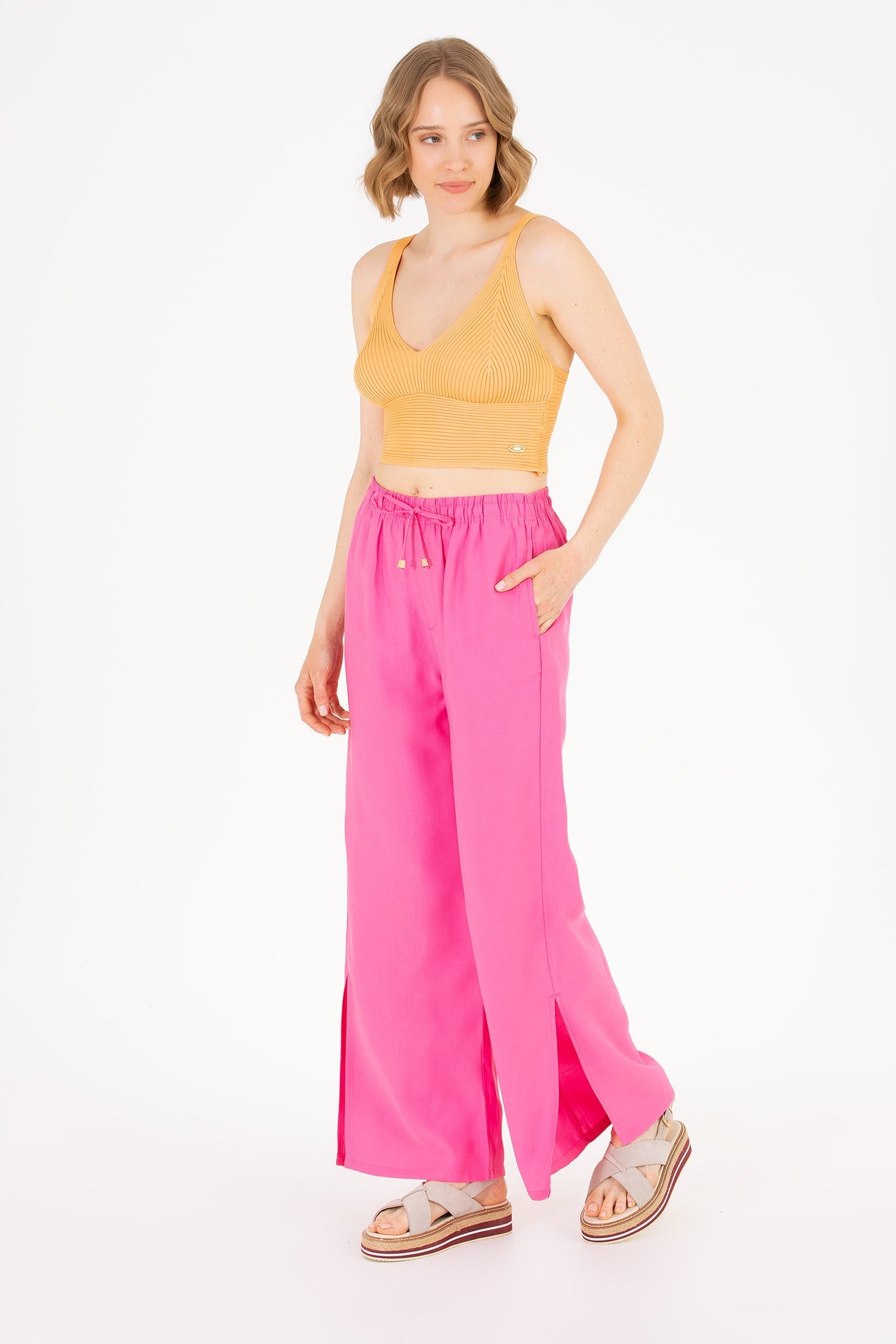 Pink Wide Leg Palazzo Trouser With Side Slits - BEVAVA