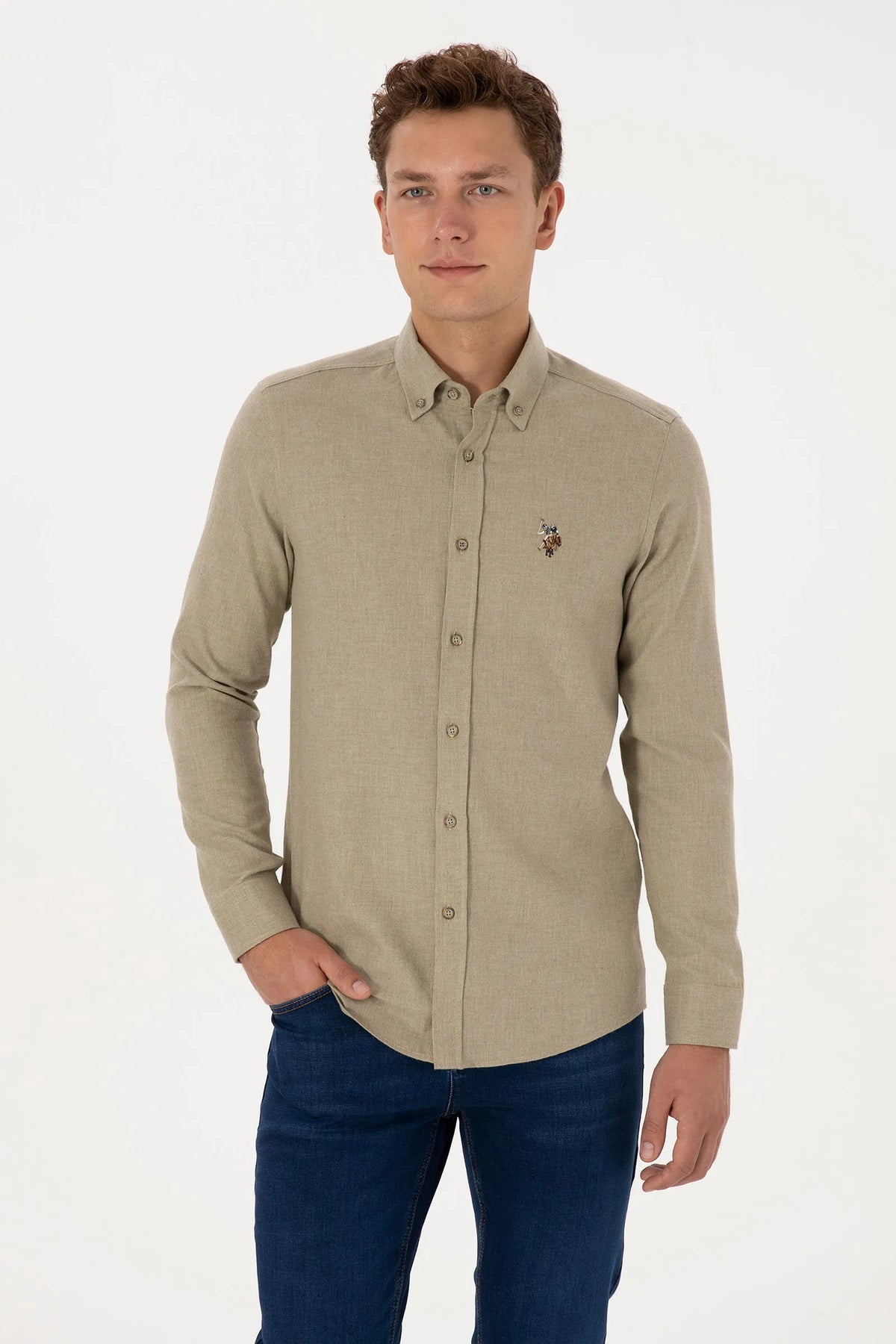 U.S. Polo Assn. Light Khaki Men Light Khaki Long Sleeve Flannel Shirt SKU: G081SZ0040 2225603_VR183 Image 01