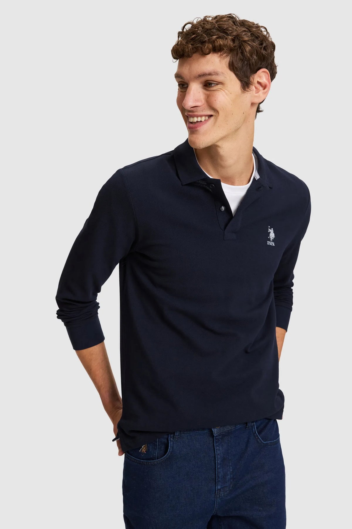 U.S. Polo Assn. Navy Men Navy Long Sleeve Cotton Polo Shirt SKU: G081SZ0820 PU-13485_VR033 Image 01