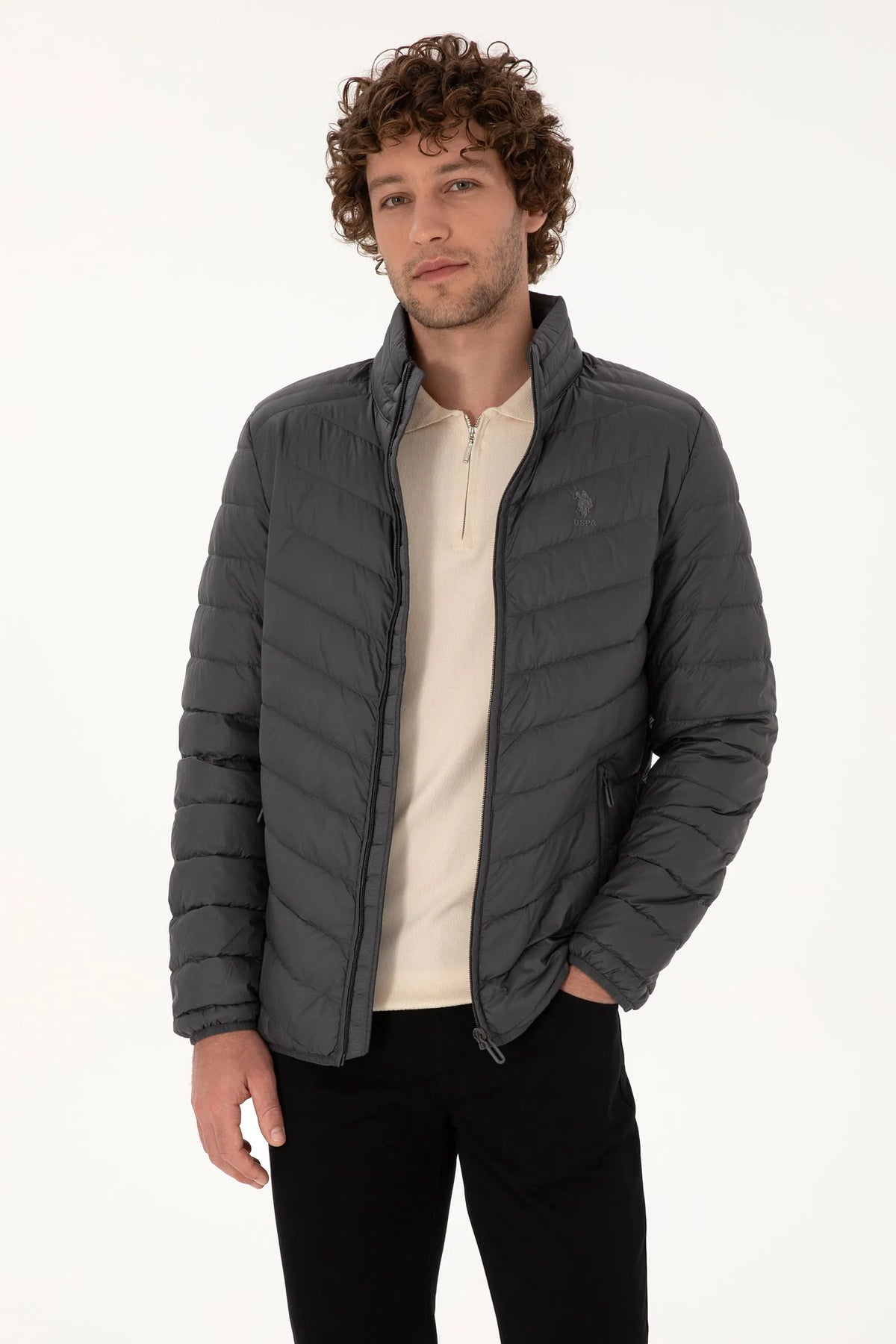 U.S. Polo Assn. Grey Men Grey Chevron Quilted Lightweight Puffer Jacket SKU: G081SZ0MS0 2246446_VR024 Image 01