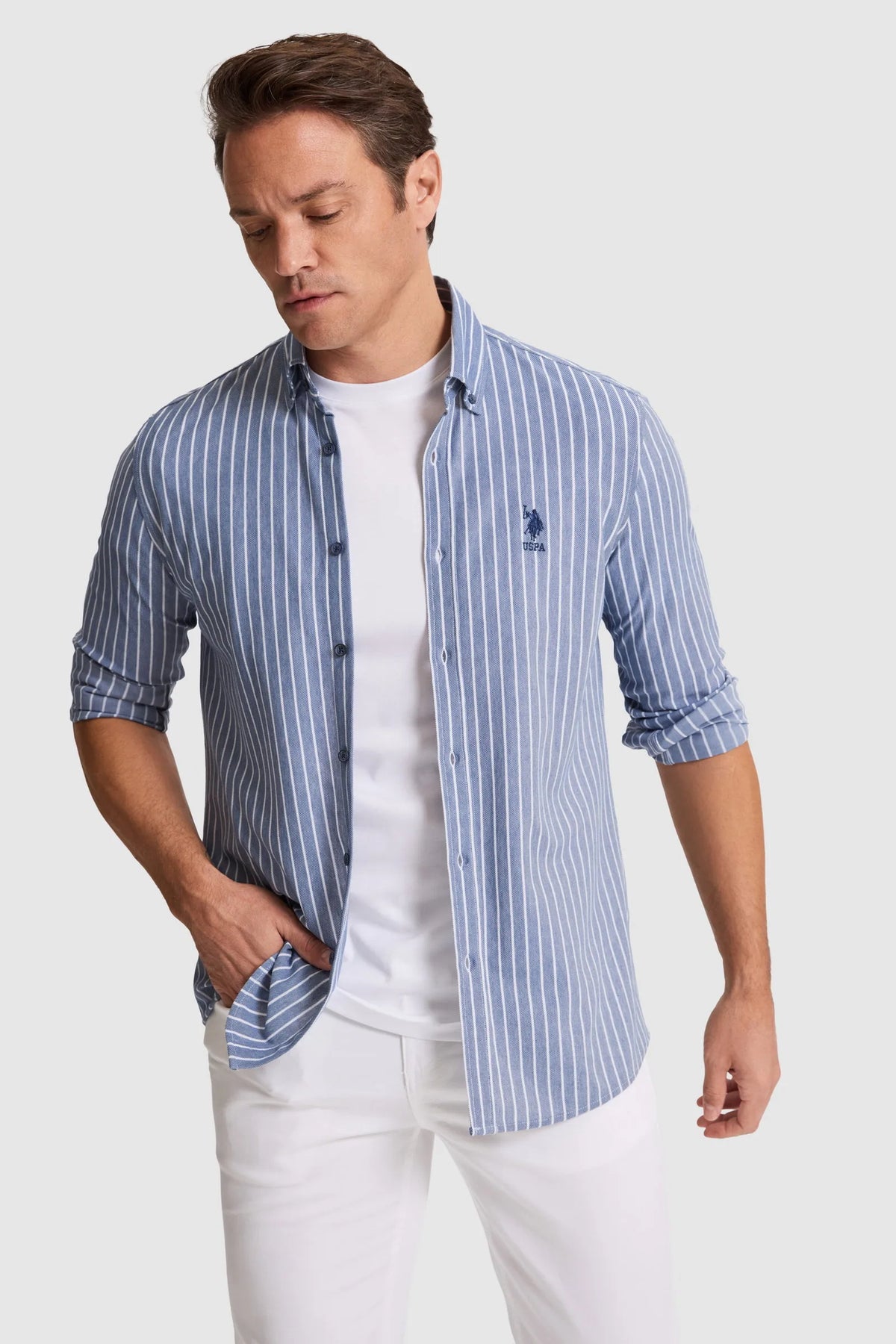 U.S. Polo Assn. Outdoor Navy Men Outdoor Navy Long Sleeve Striped Shirt SKU: G081SZ0OG0 PU-10232_VR059 Image 01