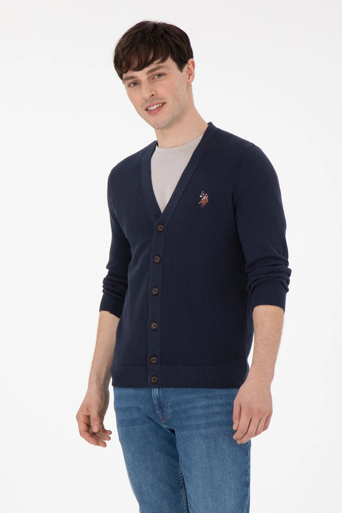 U.S. Polo Assn. Navy Men Navy Button Through V Neck Knitted Cardigan SKU: G081SZ0TH0 1920741_VR033 Image 01