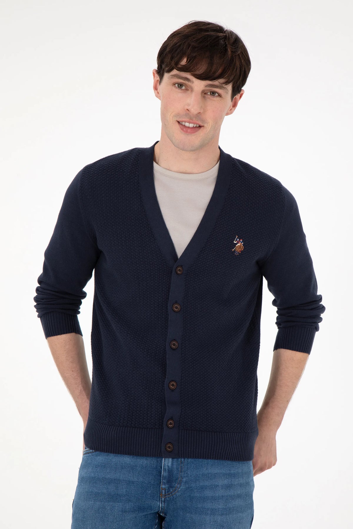 U.S. Polo Assn. Navy Men Navy Button Through V Neck Knitted Cardigan SKU: G081SZ0TH0 1920741_VR033 Image 03