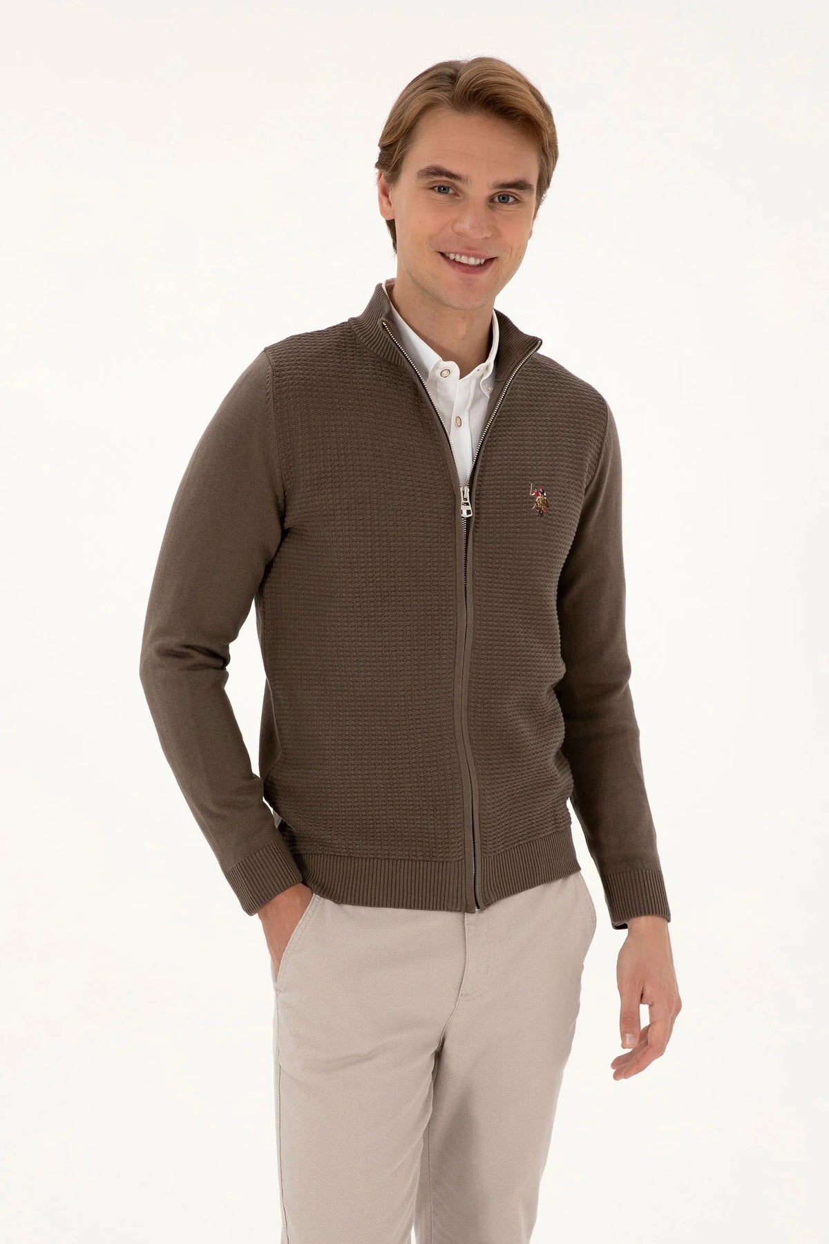 U.S. Polo Assn. Mink Men Mink Zip Through Knitted Cardigan SKU: G081SZ0TH0 2227188_VR052 Image 01