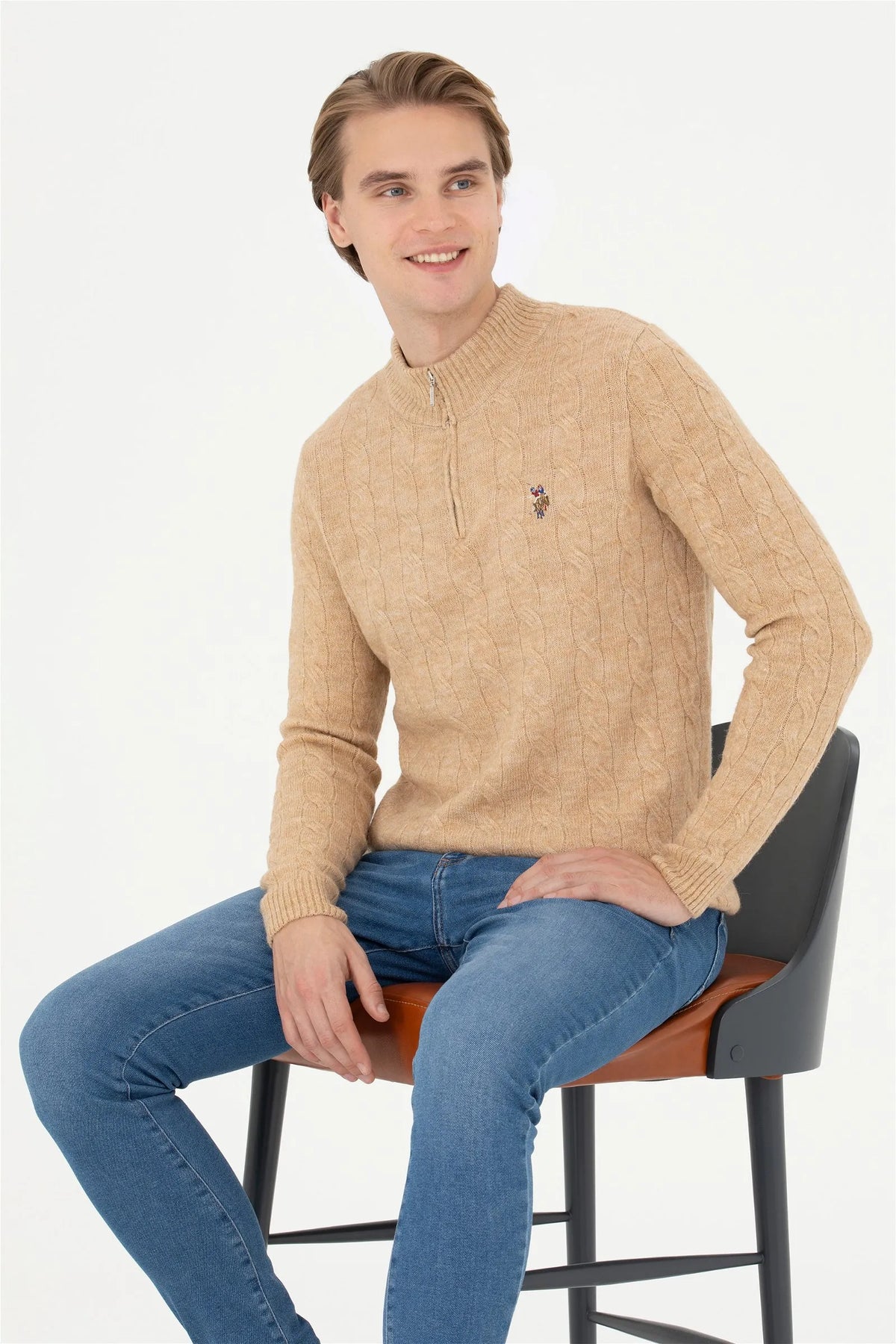 U.S. Polo Assn. Sand Melange Men Sand Melange Half Zip Knitted Pullover SKU: G081SZ0TK0 1669347_VR123 Image 01