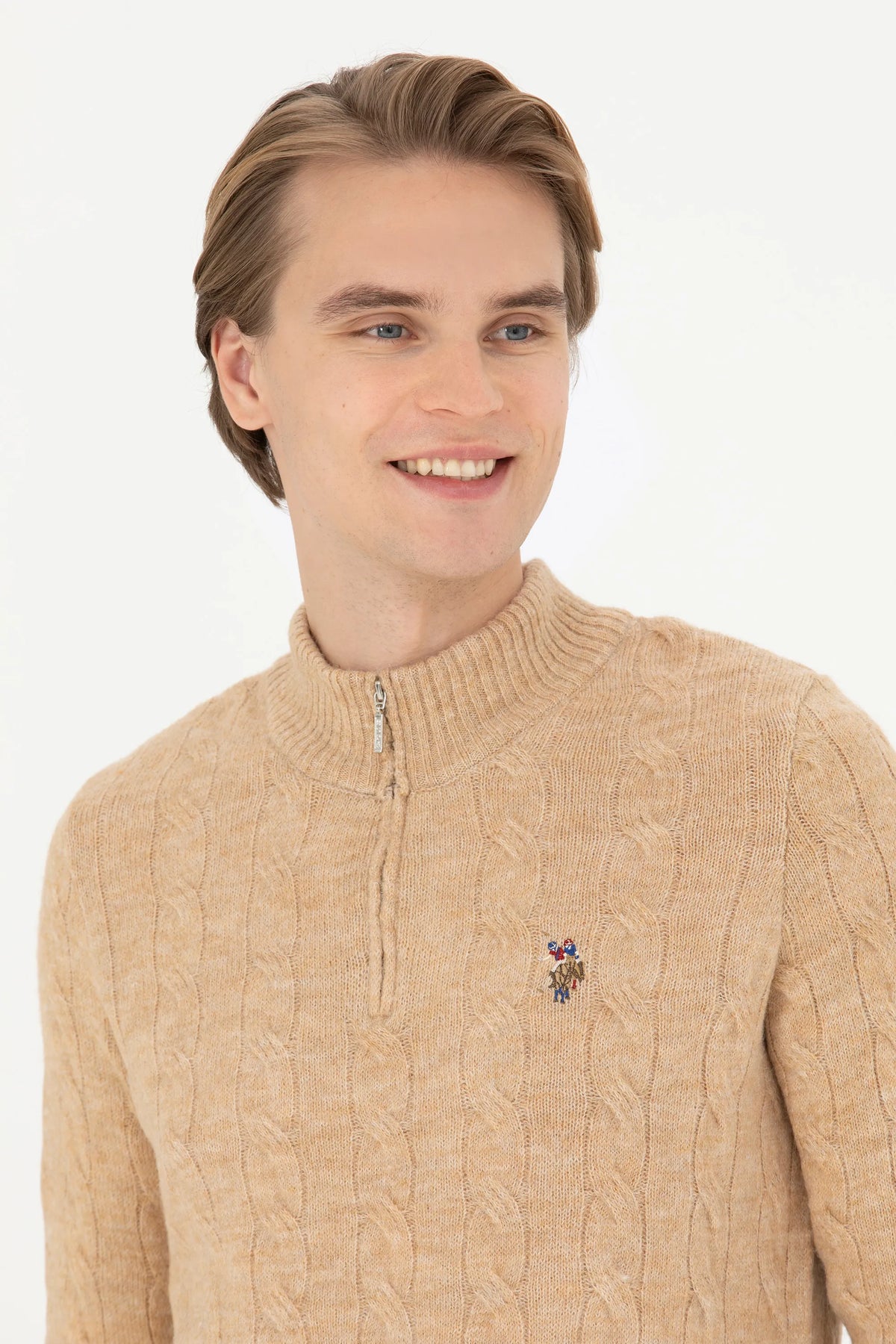 U.S. Polo Assn. Sand Melange Men Sand Melange Half Zip Knitted Pullover SKU: G081SZ0TK0 1669347_VR123 Image 02