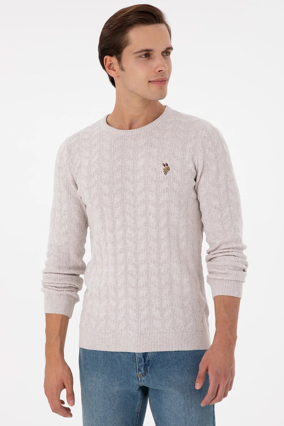 U.S. Polo Assn. Stone Melange Men Stone Melange Cable Knit Crew Neck Pullover SKU: G081SZ0TK0 1920815_VR225 Image 03