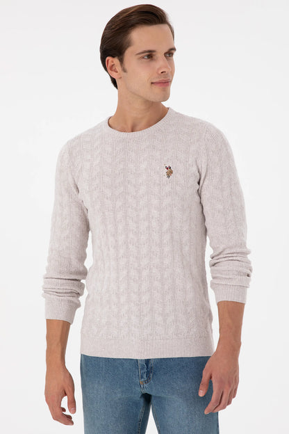 U.S. Polo Assn. Stone Melange Men Stone Melange Cable Knit Crew Neck Pullover SKU: G081SZ0TK0 1920815_VR225 Image 03