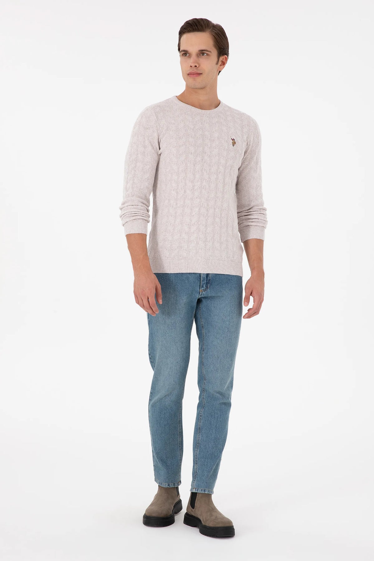 U.S. Polo Assn. Stone Melange Men Stone Melange Cable Knit Crew Neck Pullover SKU: G081SZ0TK0 1920815_VR225 Image 04