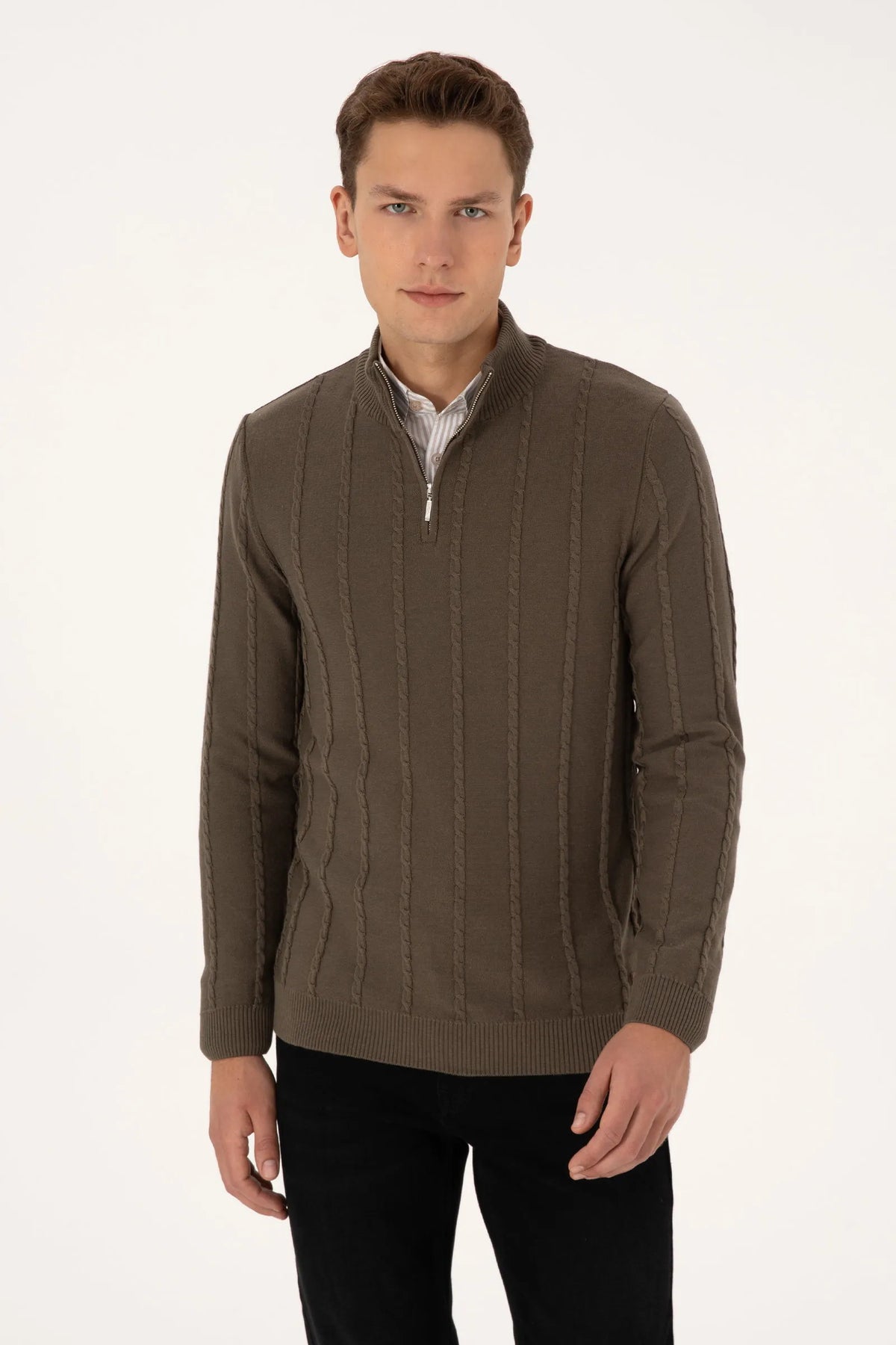 U.S. Polo Assn. Mink Men Mink Half Zip Ribbed Knitted Pullover SKU: G081SZ0TK0 2234731_VR052 Image 01