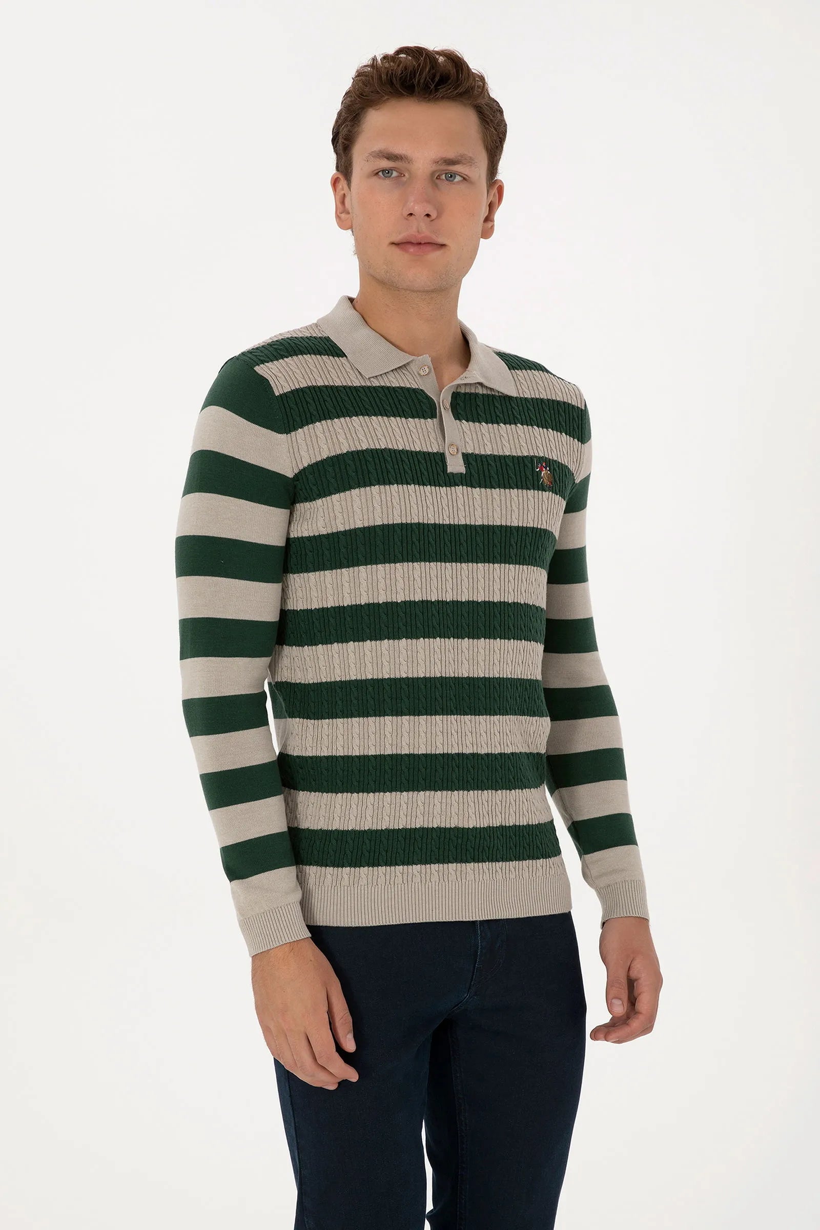 U.S. Polo Assn._Stone Melange_Stone Melange Long Sleeve Polo Shirt_G081SZ0TK0 2234983_VR225_01