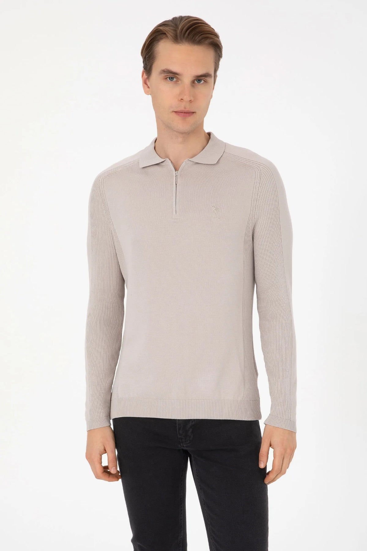 U.S. Polo Assn. Stone Men Stone Long Sleeve Knitted Polo Shirt SKU: G081SZ0TK0 2335218_VR049 Image 01