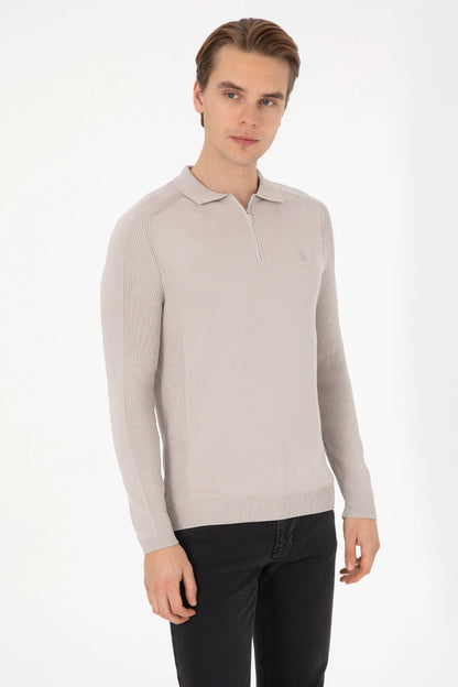 U.S. Polo Assn. Stone Men Stone Long Sleeve Knitted Polo Shirt SKU: G081SZ0TK0 2335218_VR049 Image 03