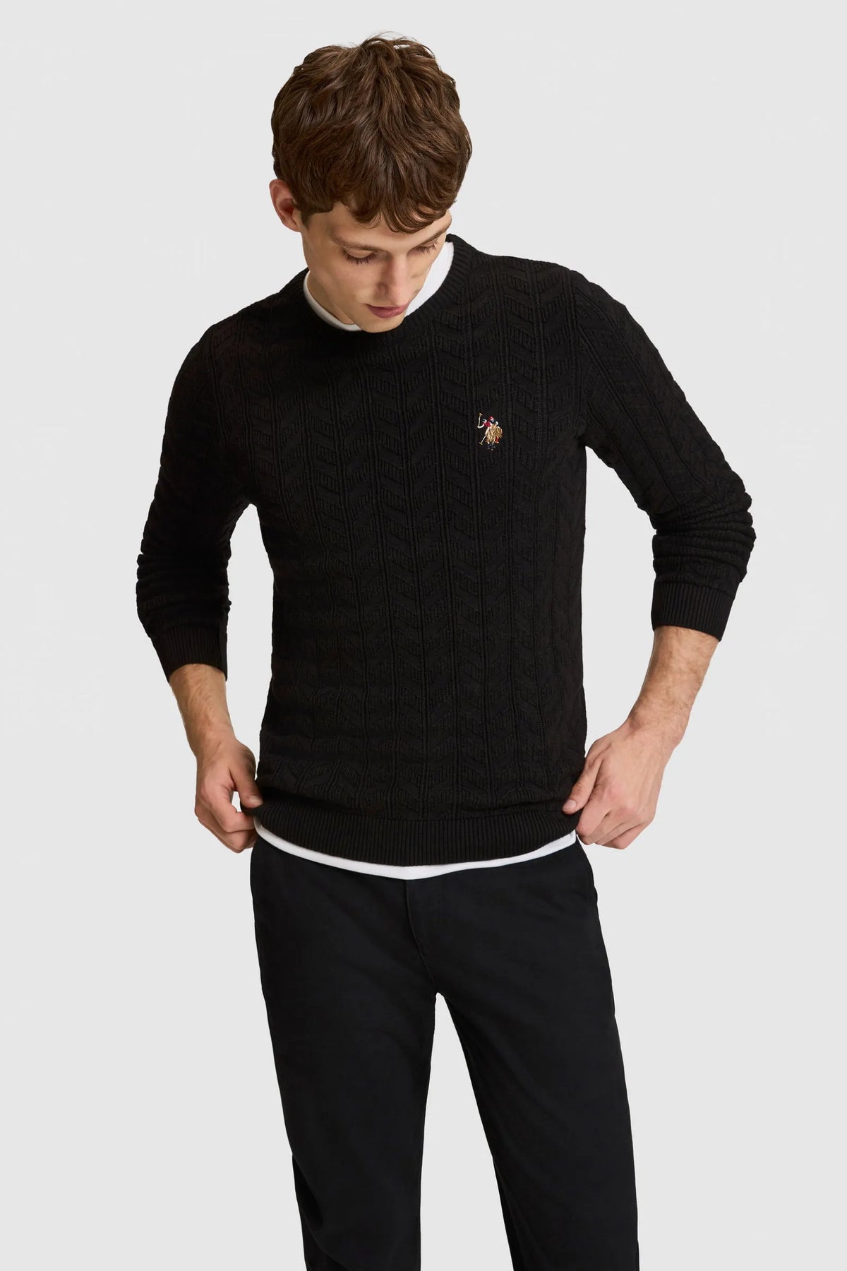 U.S. Polo Assn. Black Men Black Cable Knit Crew Neck Pullover SKU: G081SZ0TK0 PU-14829_VR046 Image 01