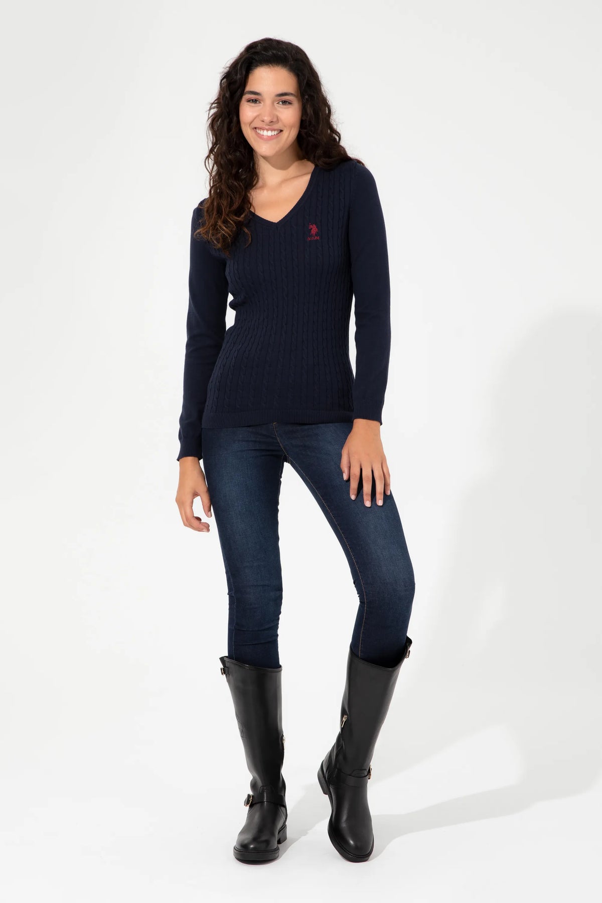 U.S. Polo Assn. Navy Women Navy Cable Knit V Neck Pullover SKU: G082GL0TK0 1430193_VR033 Image 03