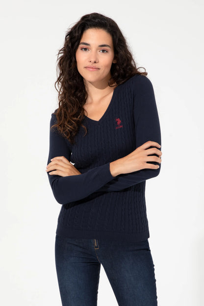 U.S. Polo Assn. Navy Women Navy Cable Knit V Neck Pullover SKU: G082GL0TK0 1430193_VR033 Image 04