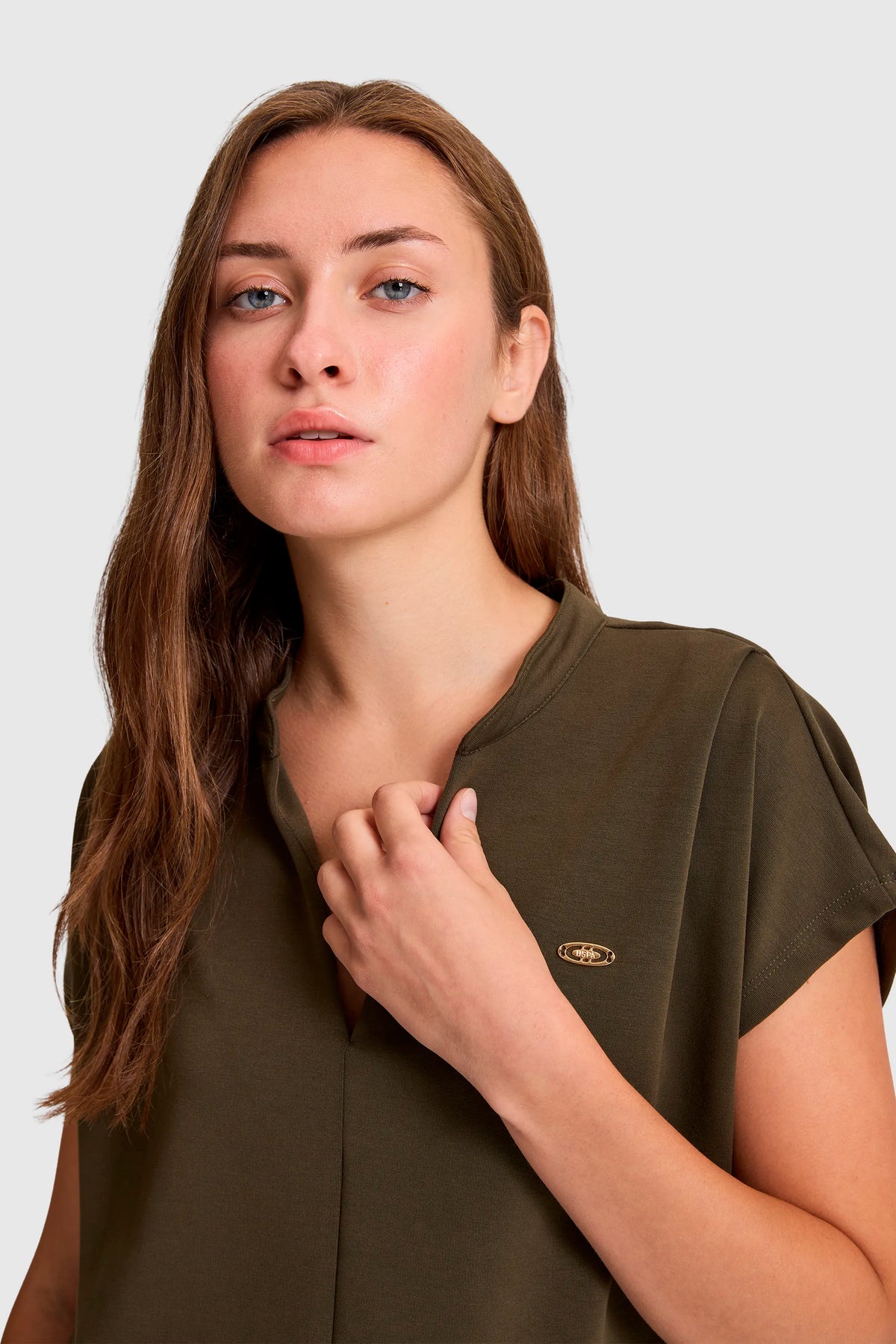 U.S. Polo Assn. Dark Khaki Women Dark Khaki Short Sleeve Knitted Open Collar Polo Shirt SKU: G082SZ0110 PU-9922_VR111 Image 02