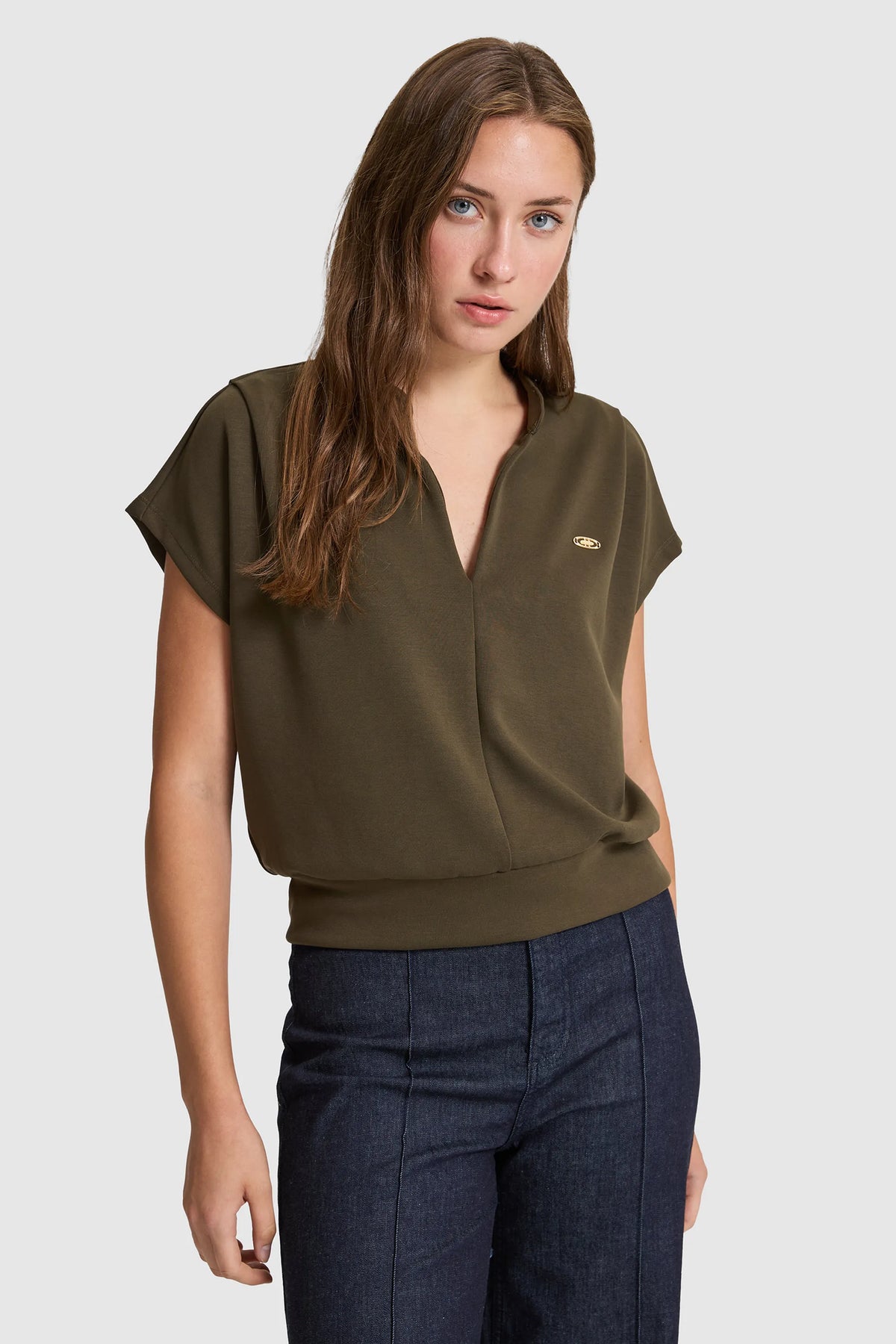 U.S. Polo Assn. Dark Khaki Women Dark Khaki Short Sleeve Knitted Open Collar Polo Shirt SKU: G082SZ0110 PU-9922_VR111 Image 03