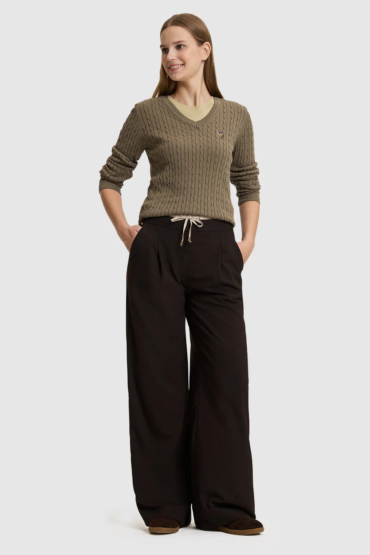 U.S. Polo Assn. Dark Brown Women Dark Brown Wide Leg Drawstring Slip on Trousers SKU: G082SZ0780 PU-14226_VR084 Image 01