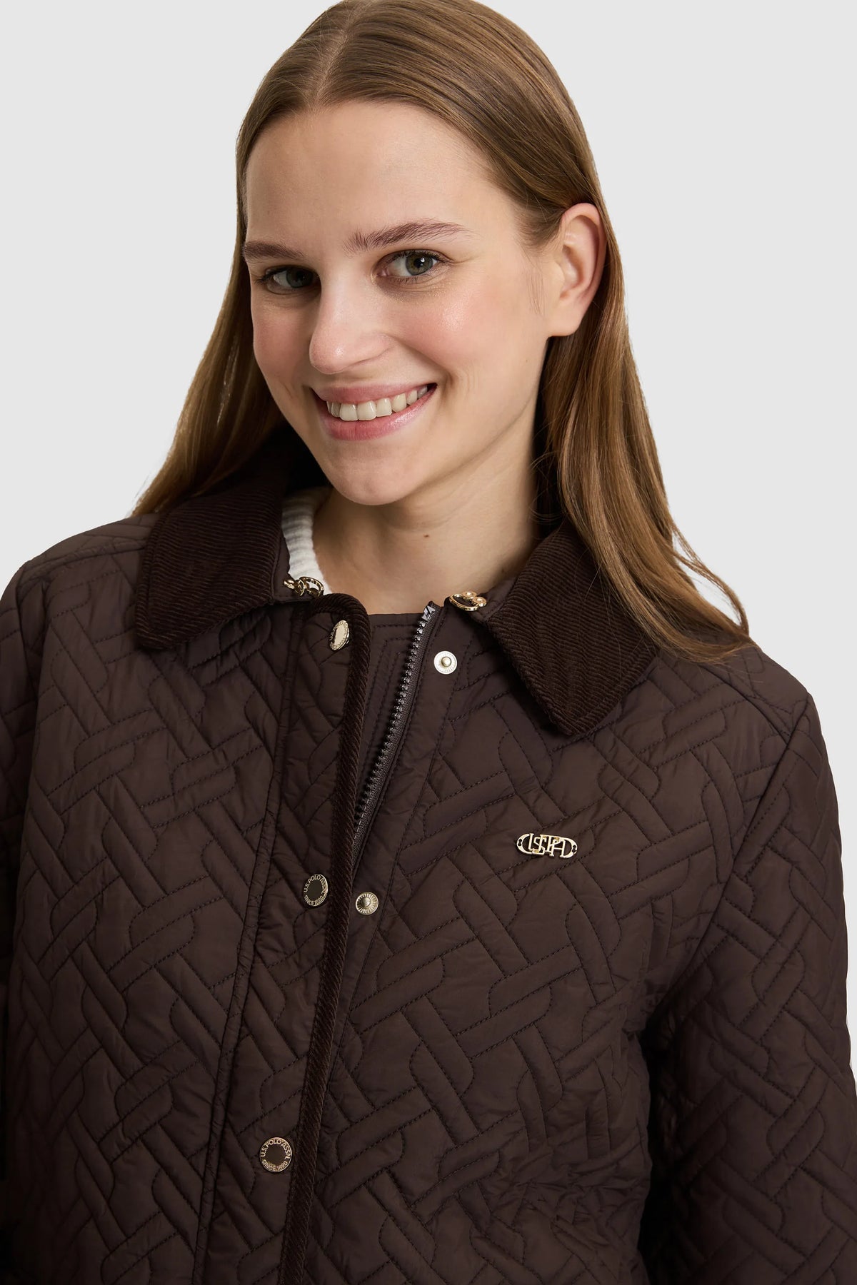 U.S. Polo Assn. Dark Brown Women Dark Brown Diamond Quilted Barn Jacket SKU: G082SZ0MS0 PU-13438_VR084 Image 02