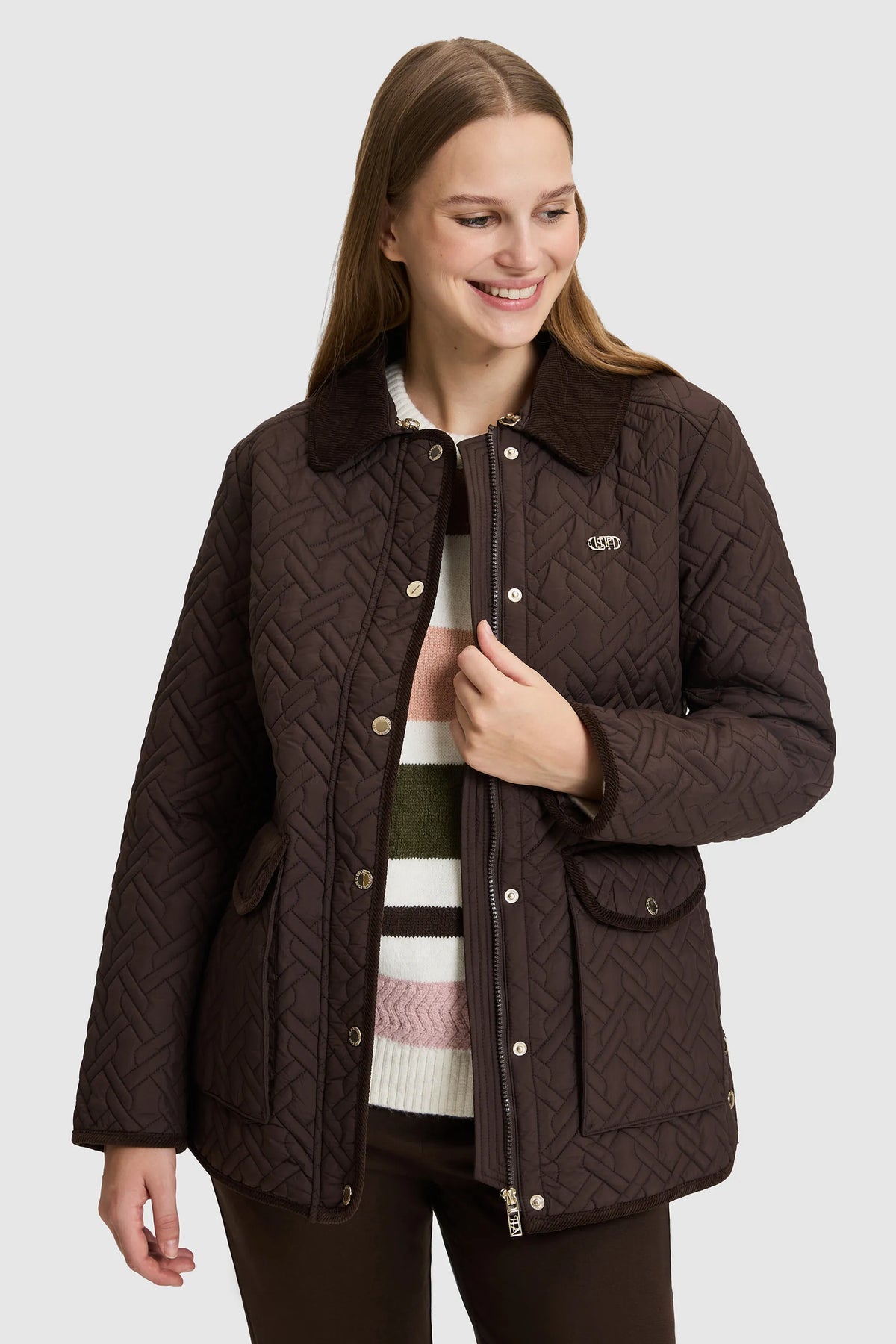 U.S. Polo Assn. Dark Brown Women Dark Brown Diamond Quilted Barn Jacket SKU: G082SZ0MS0 PU-13438_VR084 Image 03