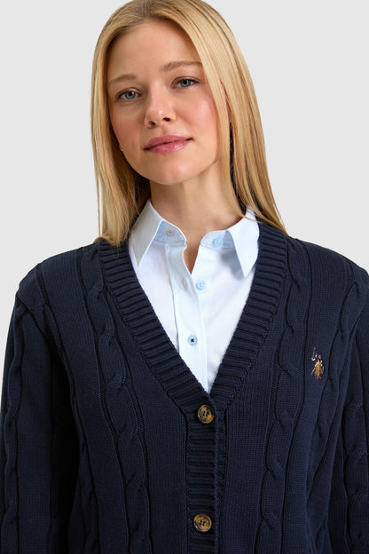 U.S. Polo Assn. Navy Women Navy Longline Ribbed Button Through Cardigan SKU: G082SZ0TH0 PU-16441_VR033 Image 02