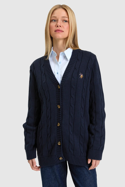 U.S. Polo Assn. Navy Women Navy Longline Ribbed Button Through Cardigan SKU: G082SZ0TH0 PU-16441_VR033 Image 03