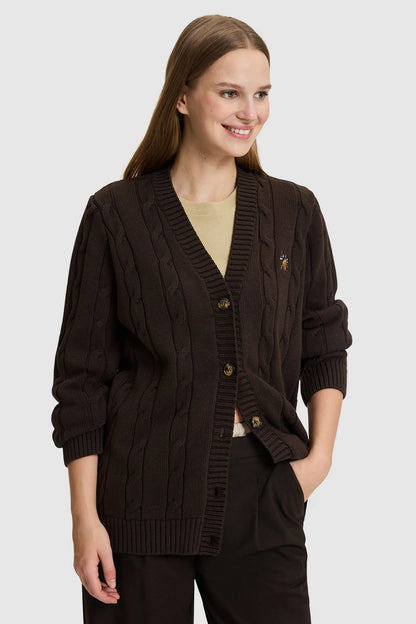 U.S. Polo Assn. Dark Brown Women Dark Brown Cable Knit Button Through Cardigan SKU: G082SZ0TH0 PU-16441_VR084 Image 01