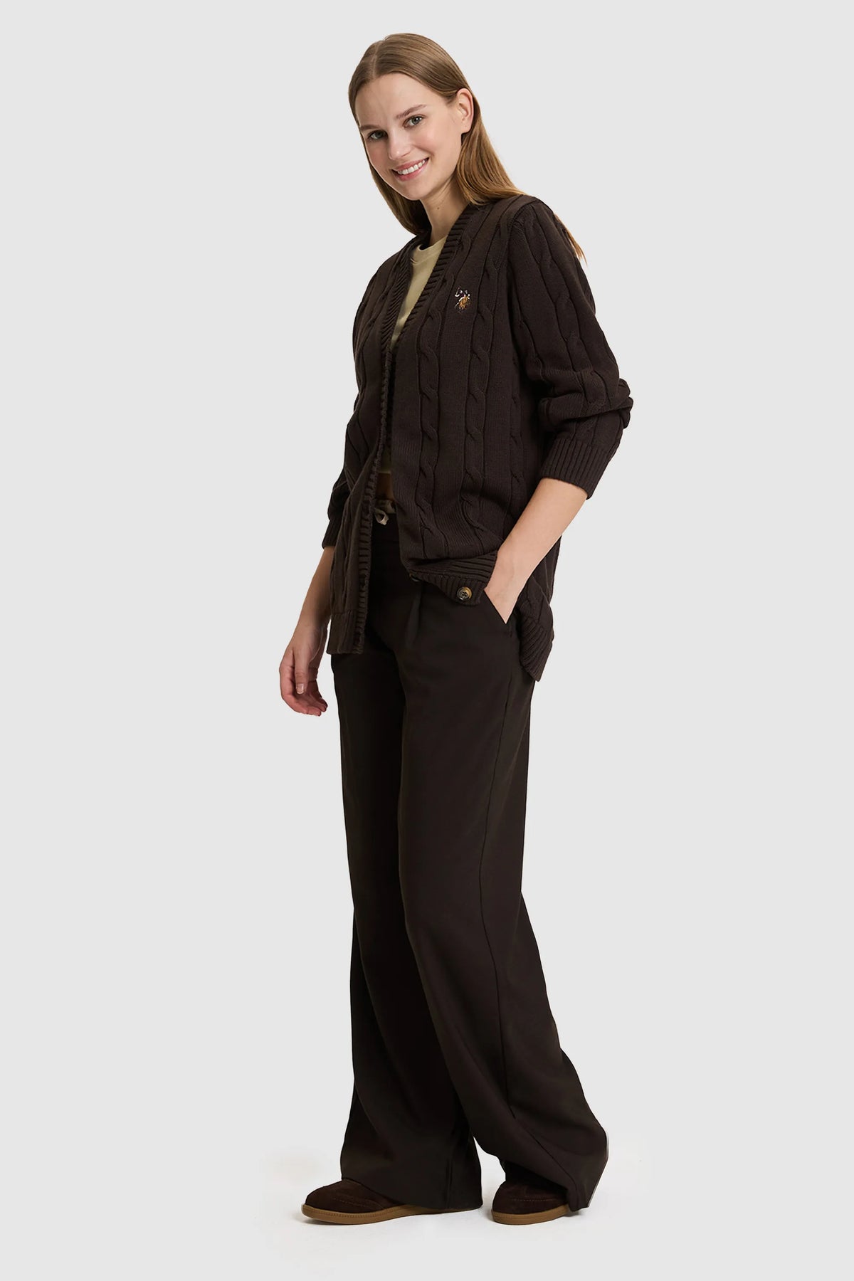 U.S. Polo Assn. Dark Brown Women Dark Brown Cable Knit Button Through Cardigan SKU: G082SZ0TH0 PU-16441_VR084 Image 04