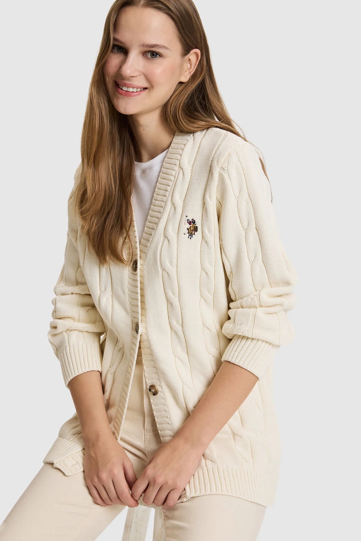 U.S. Polo Assn. Ivory Women Ivory Cable Knit Button Through Cardigan SKU: G082SZ0TH0 PU-16441_VR265 Image 01
