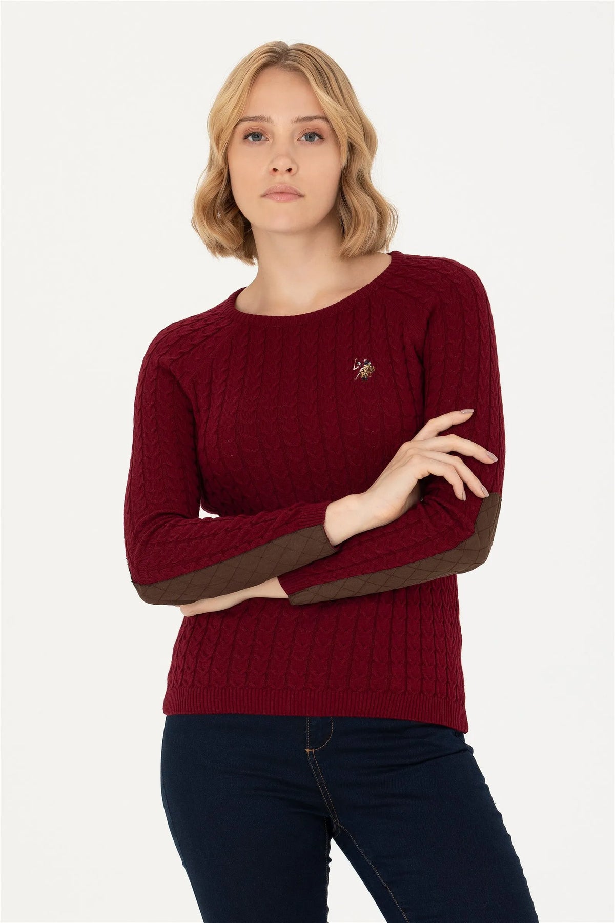 U.S. Polo Assn. Bordeaux Women Bordeaux Cable Knit Elbow Patch Crew Neck Pullover SKU: G082SZ0TK0 1629789_VR014 Image 01