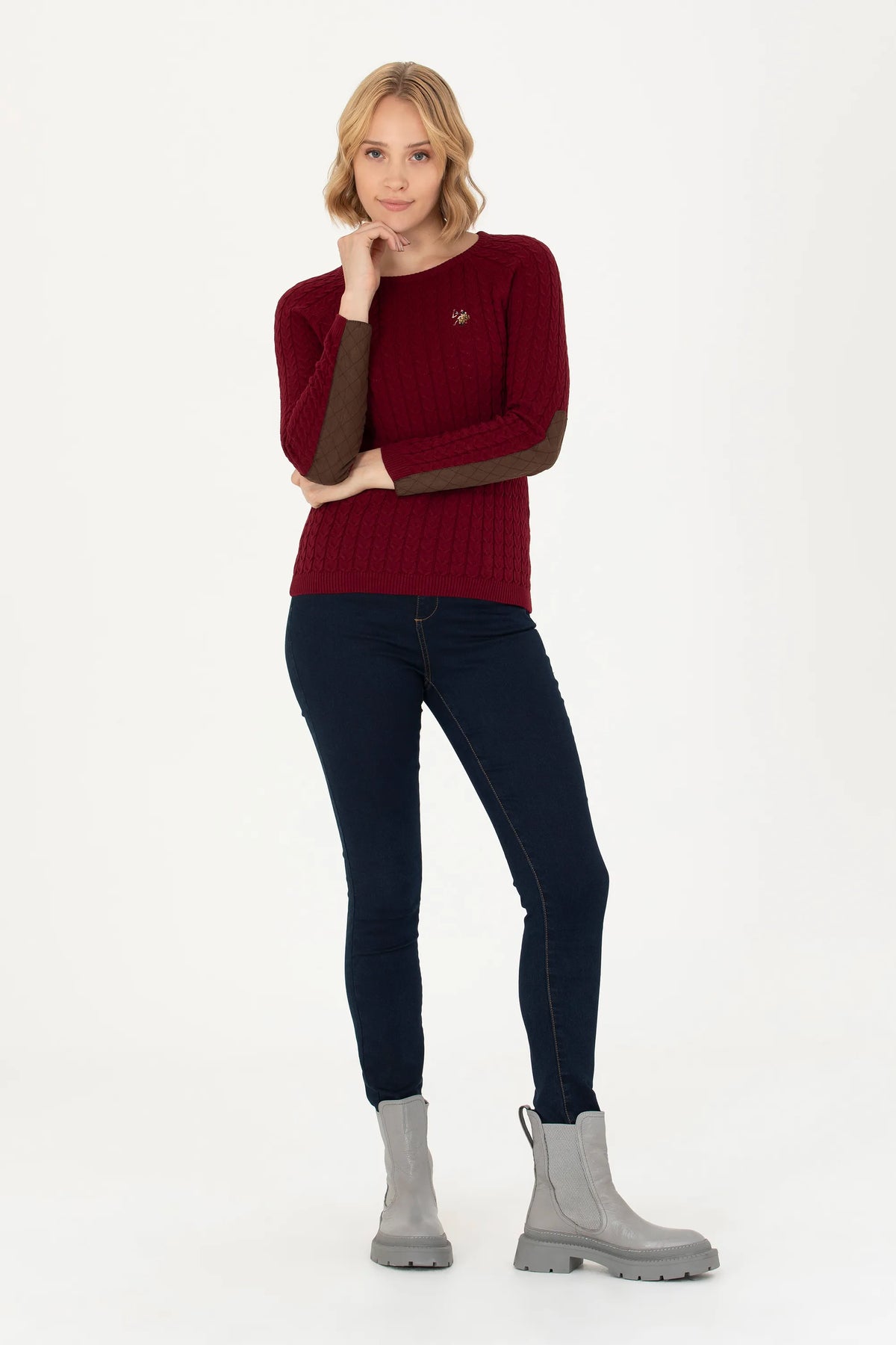 U.S. Polo Assn. Bordeaux Women Bordeaux Cable Knit Elbow Patch Crew Neck Pullover SKU: G082SZ0TK0 1629789_VR014 Image 04