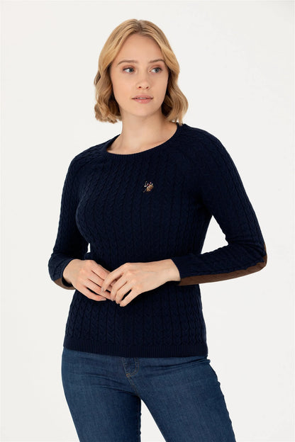 U.S. Polo Assn. Navy Women Navy Cable Knit Elbow Patch Crew Neck Pullover SKU: G082SZ0TK0 1629789_VR033 Image 01