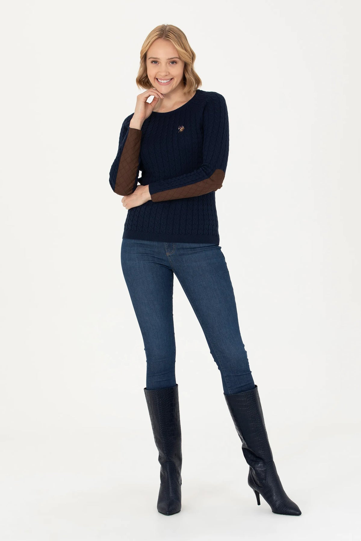 U.S. Polo Assn. Navy Women Navy Cable Knit Elbow Patch Crew Neck Pullover SKU: G082SZ0TK0 1629789_VR033 Image 04