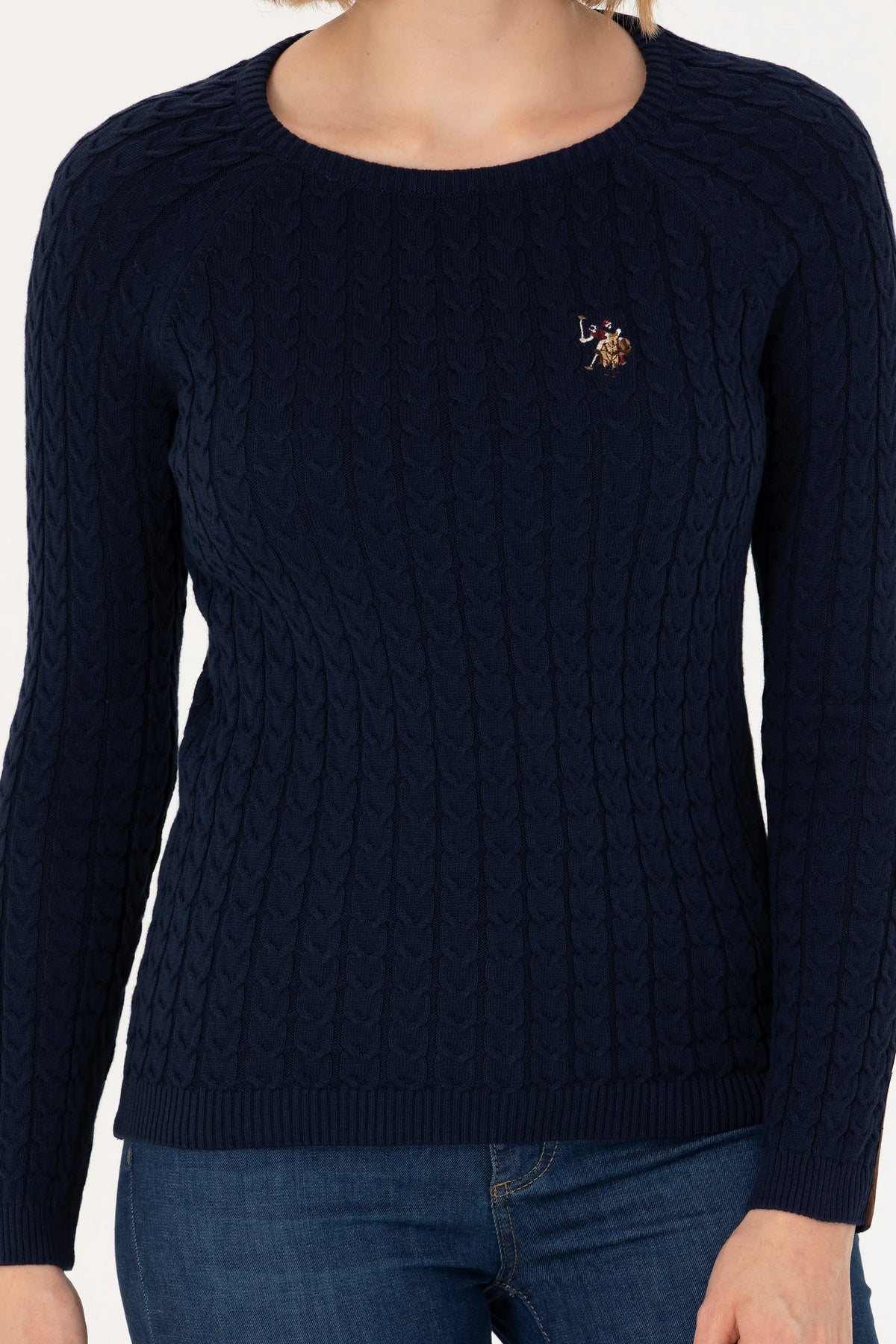 U.S. Polo Assn. Navy Women Navy Cable Knit Elbow Patch Crew Neck Pullover SKU: G082SZ0TK0 1629789_VR033 Image 06